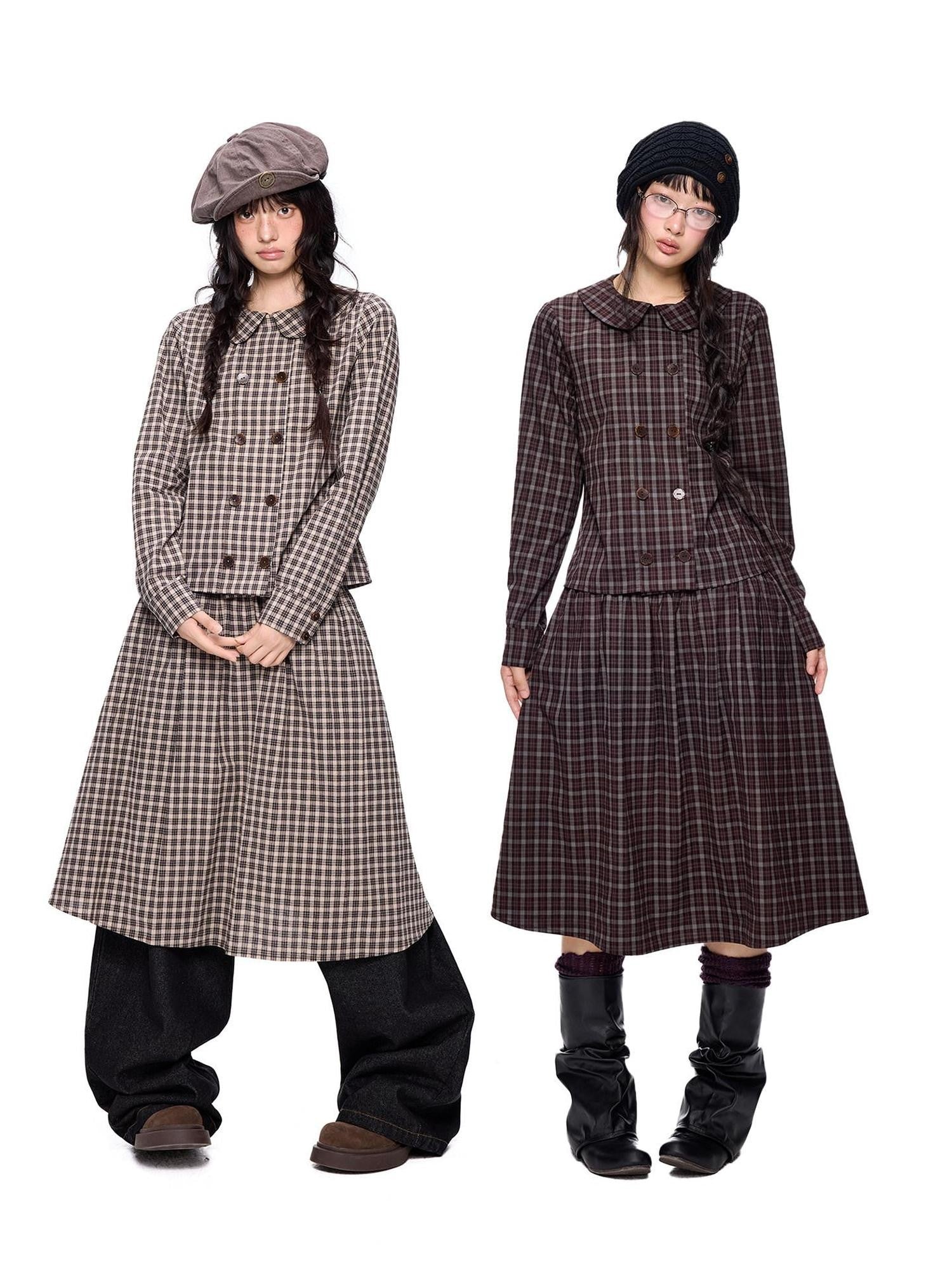 EZEK Plaid Doll Collar Double Breasted Long Sleeve Women's 100 Percent Cotton Blouses