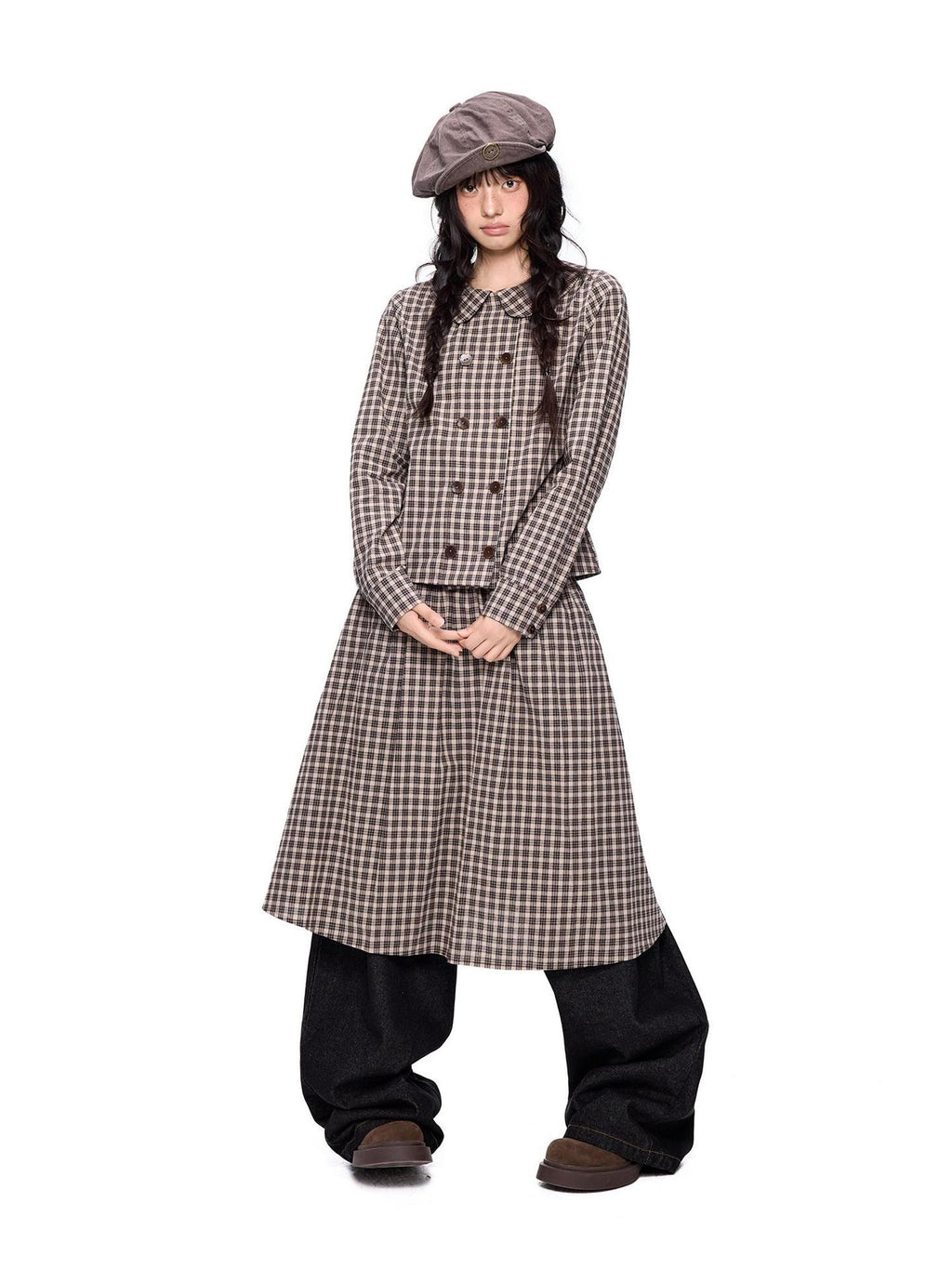 EZEK Plaid Doll Collar Double Breasted Long Sleeve Women's 100 Percent Cotton Blouses