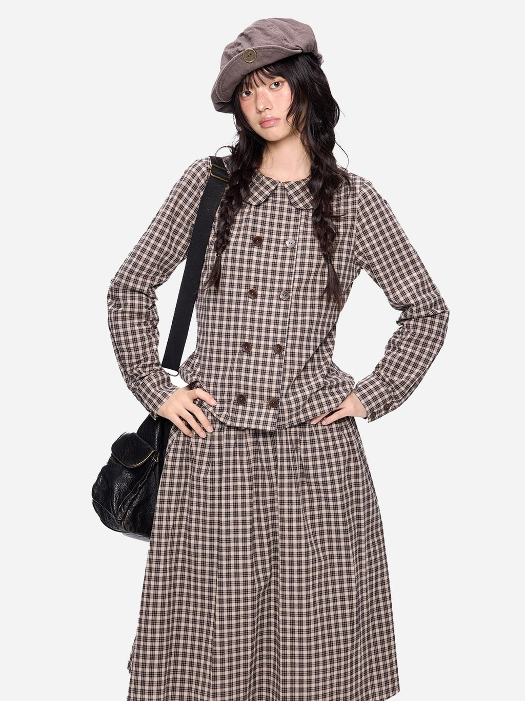 EZEK Plaid Doll Collar Double Breasted Long Sleeve Women's 100 Percent Cotton Blouses