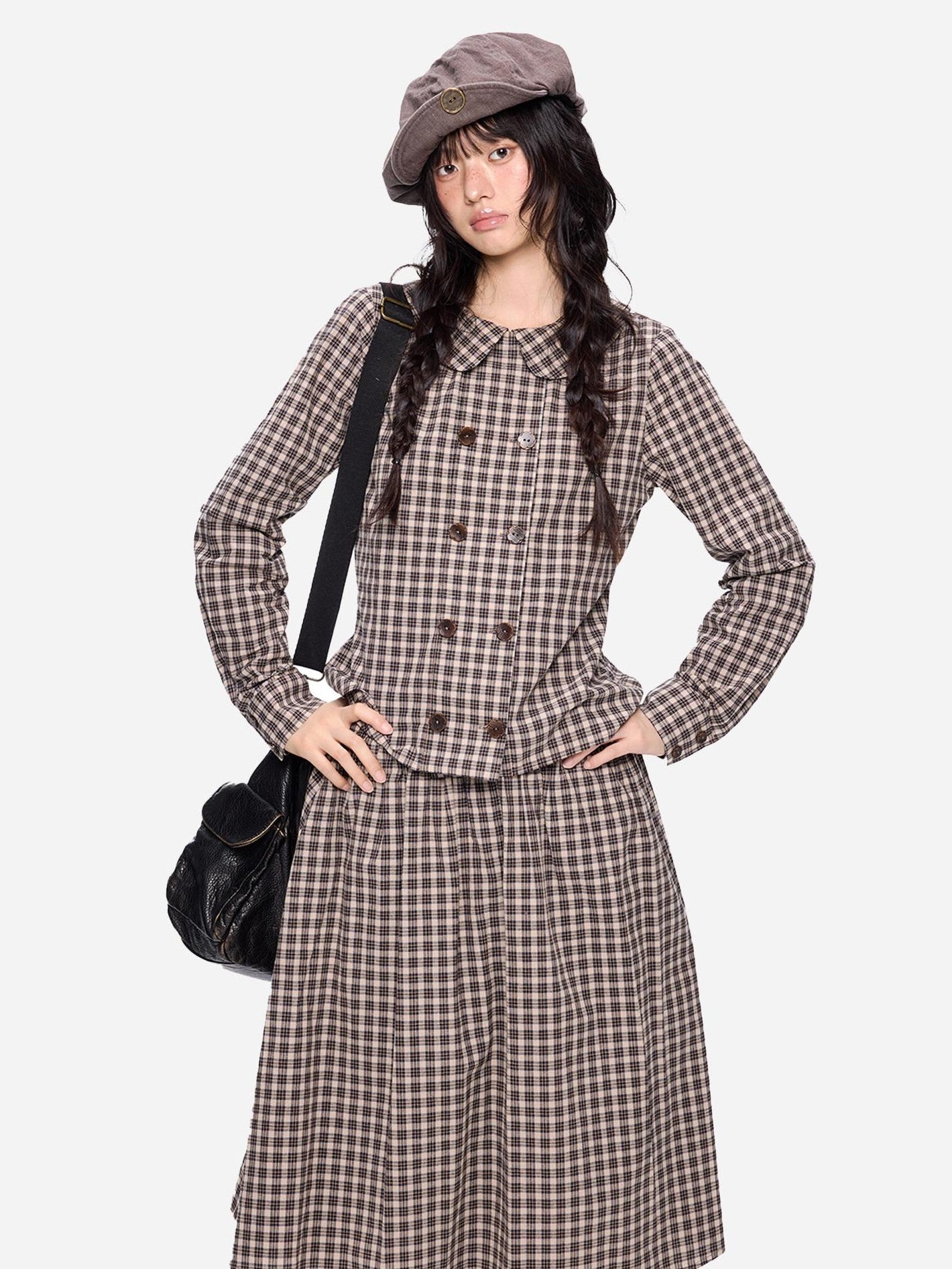 EZEK Plaid Doll Collar Double Breasted Long Sleeve Women's 100 Percent Cotton Blouses