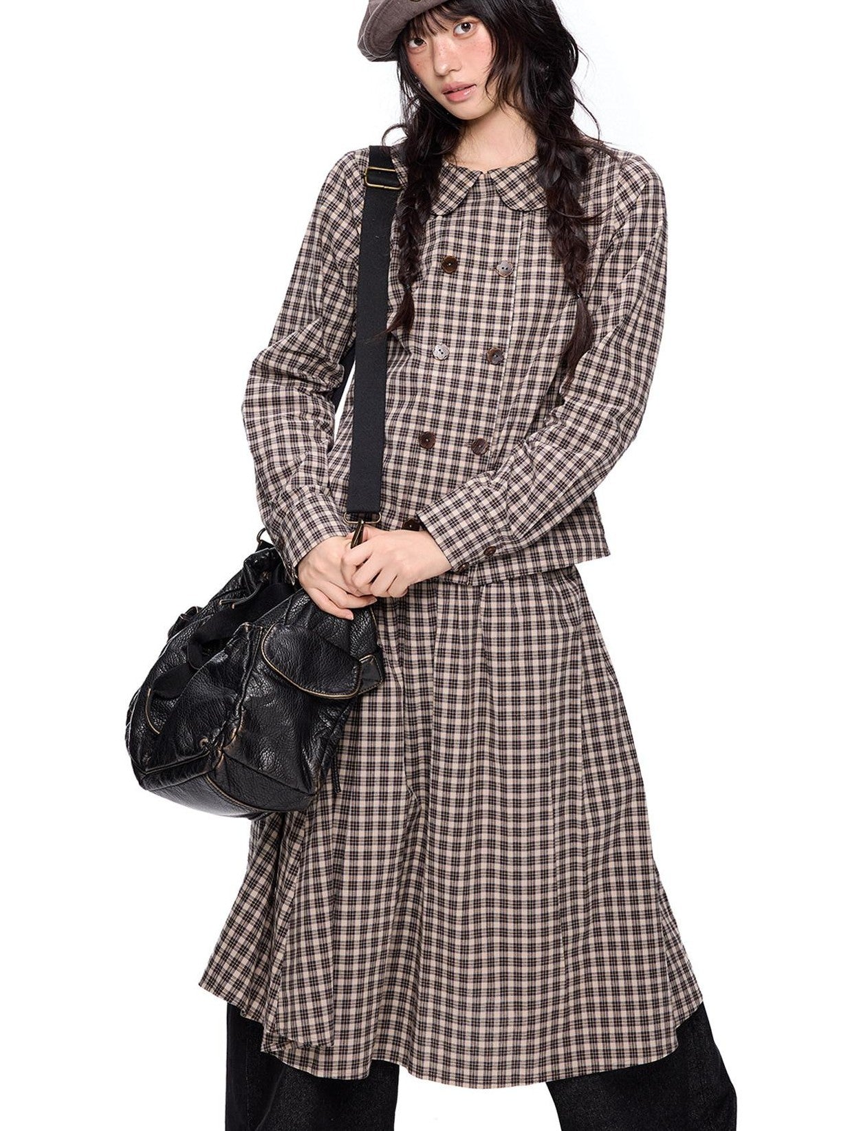 EZEK Plaid Doll Collar Double Breasted Long Sleeve Women's 100 Percent Cotton Blouses