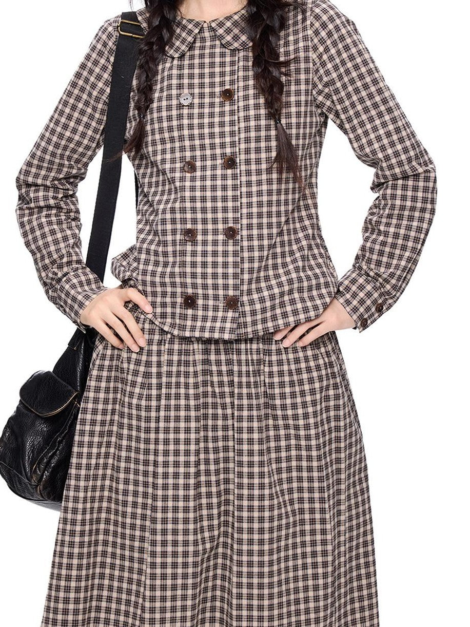 EZEK Plaid Doll Collar Double Breasted Long Sleeve Women's 100 Percent Cotton Blouses