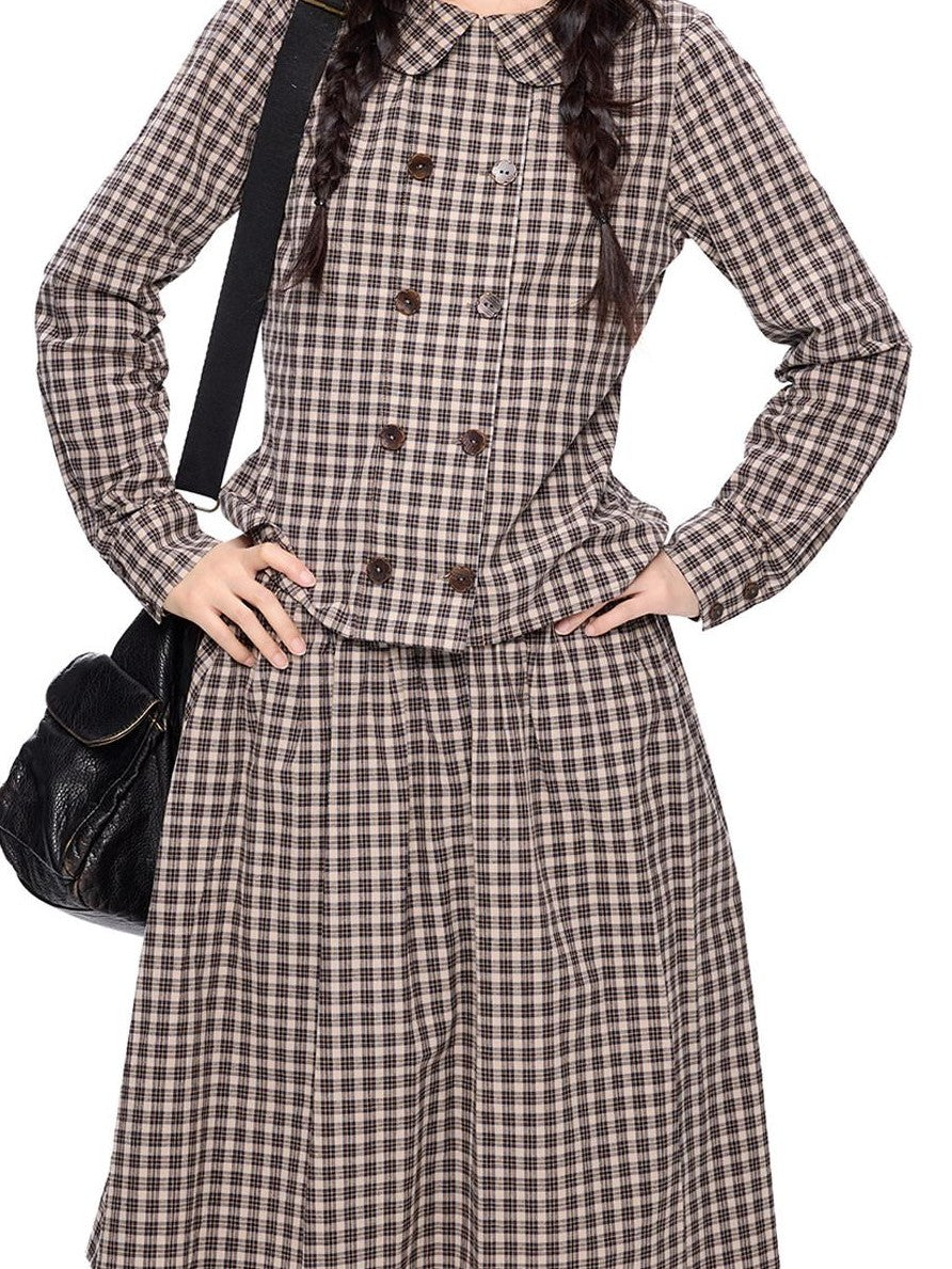 EZEK Plaid Doll Collar Double Breasted Long Sleeve Women's 100 Percent Cotton Blouses