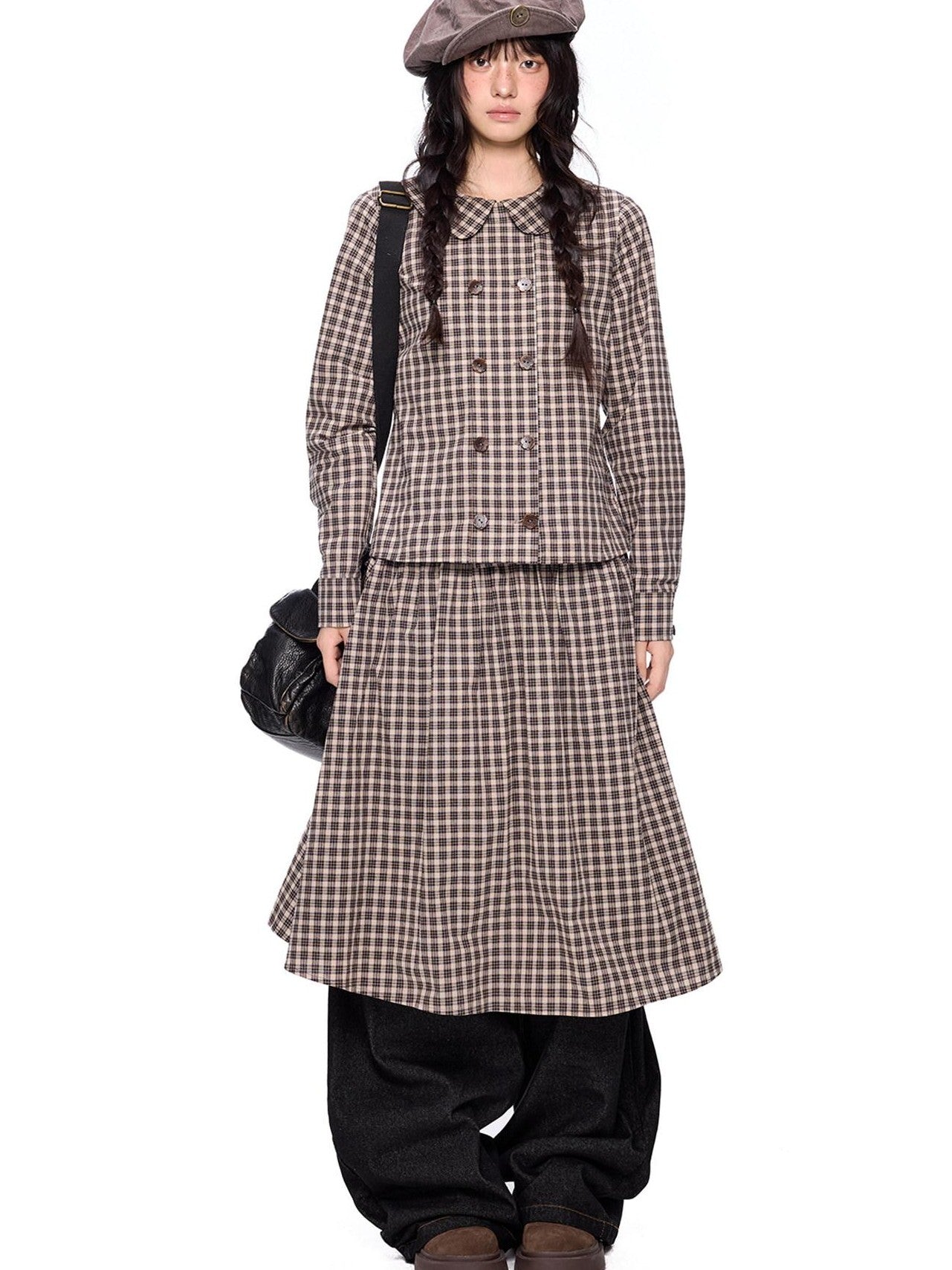 EZEK Plaid Doll Collar Double Breasted Long Sleeve Women's 100 Percent Cotton Blouses