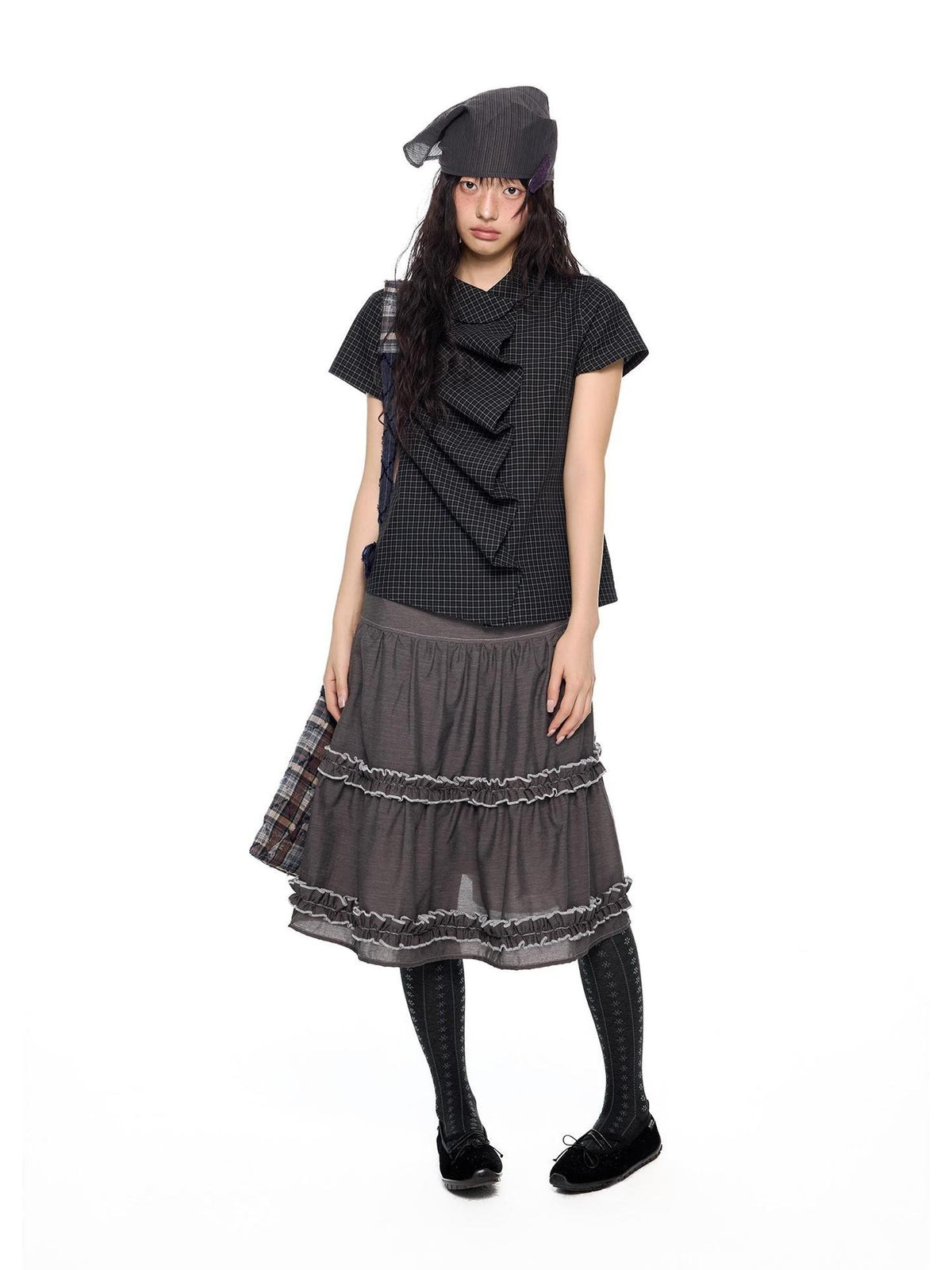 EZEK Plaid Doll Collar Puff Sleeve Button Cotton Women's Blouses