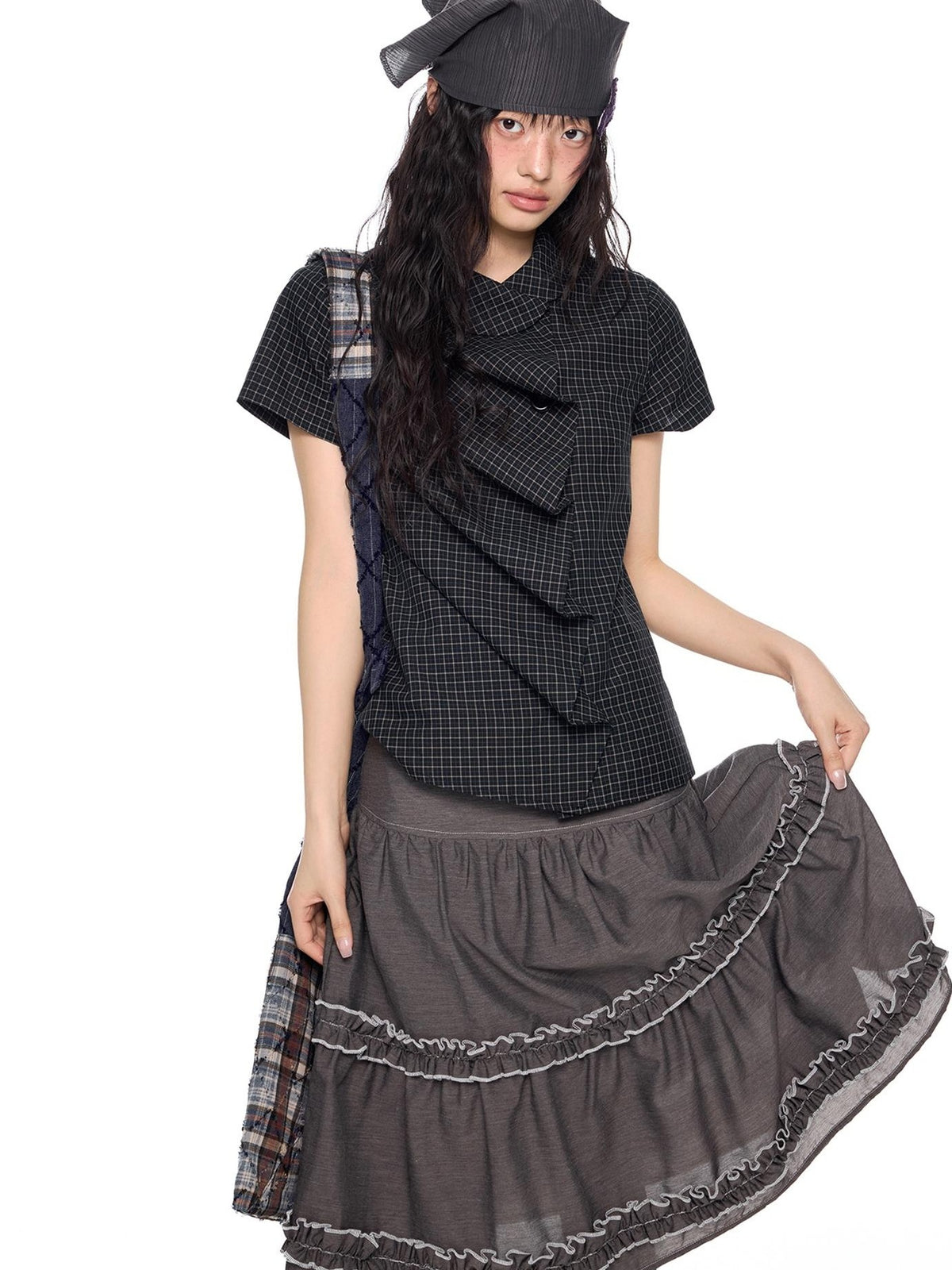EZEK Plaid Doll Collar Puff Sleeve Button Cotton Women's Blouses