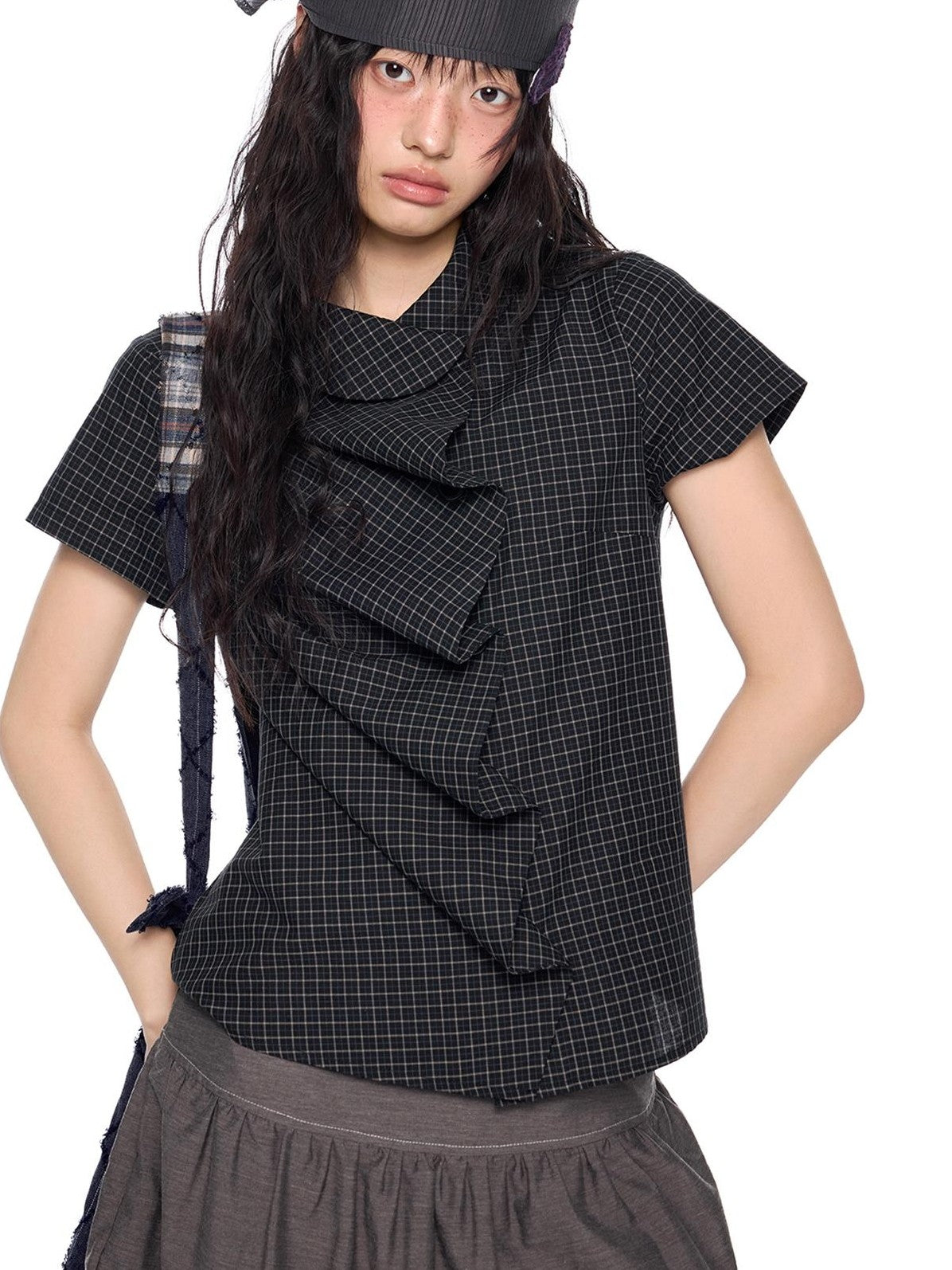 EZEK Plaid Doll Collar Puff Sleeve Button Cotton Women's Blouses