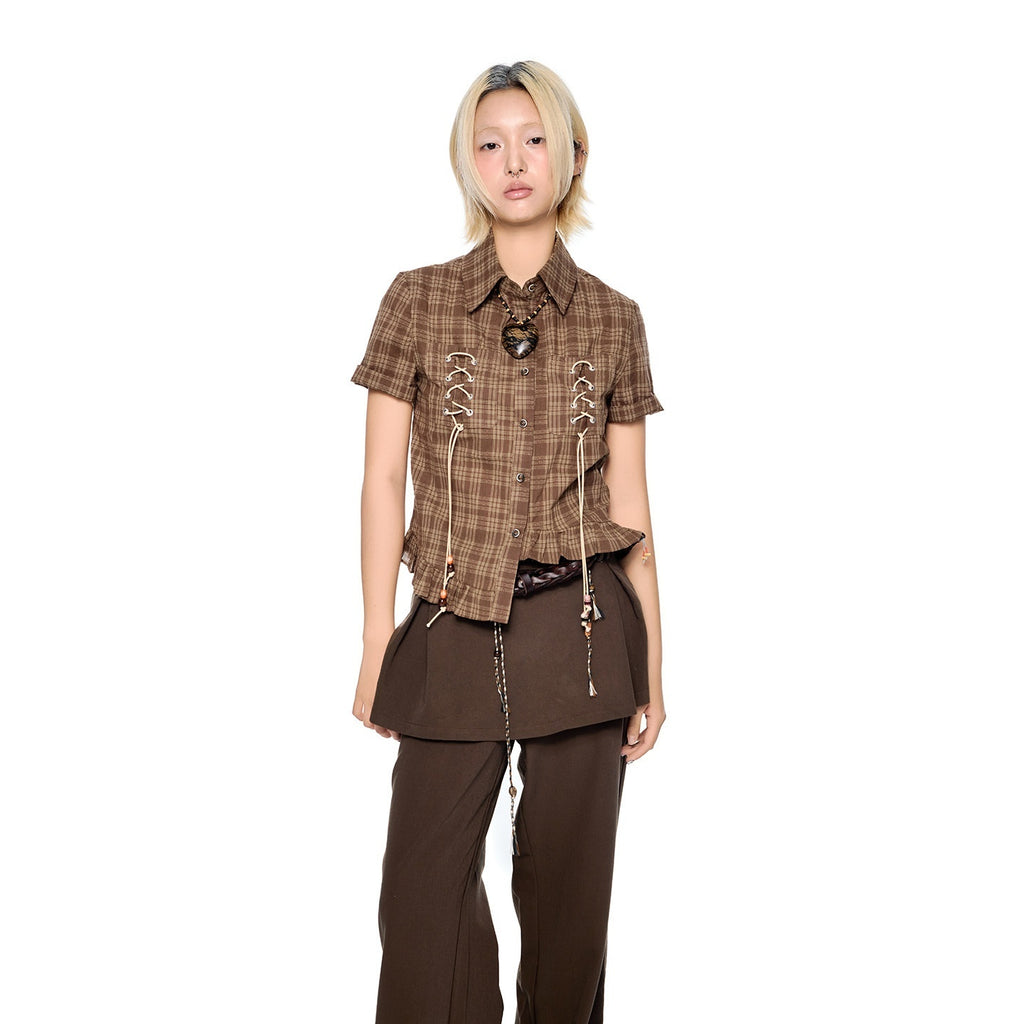 EZEK_Plaid_Drawstring_Asymmetric_Hem_Buttoned_Collar_Women's_Short_Sleeve_T-shirts_1017015649401_MISSTT