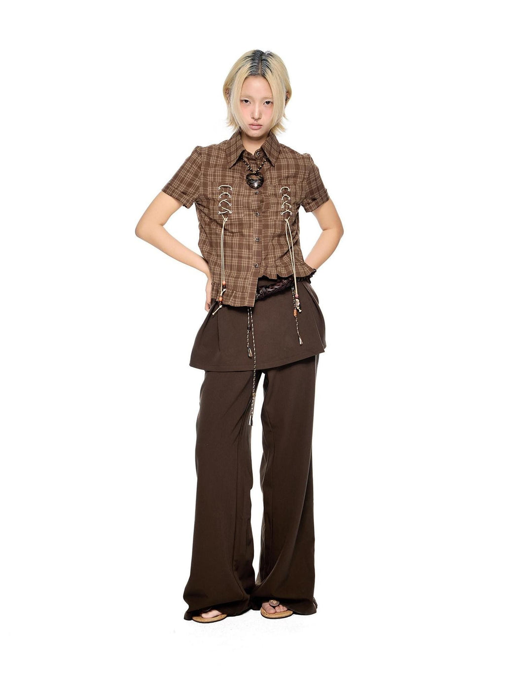 EZEK Plaid Drawstring Asymmetric Hem Buttoned Collar Women's Short Sleeve T-shirts