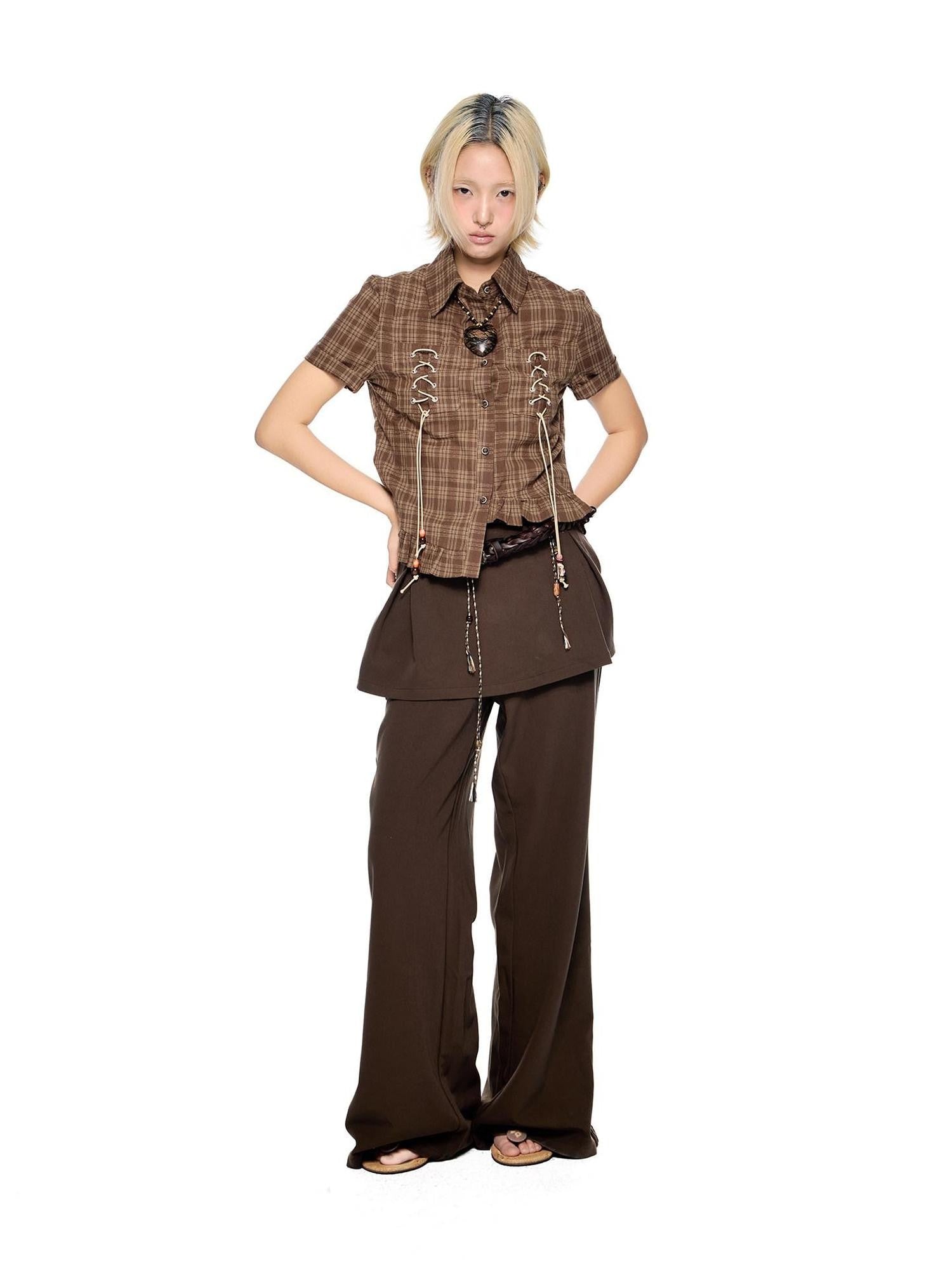EZEK Plaid Drawstring Asymmetric Hem Buttoned Collar Women's Short Sleeve T-shirts