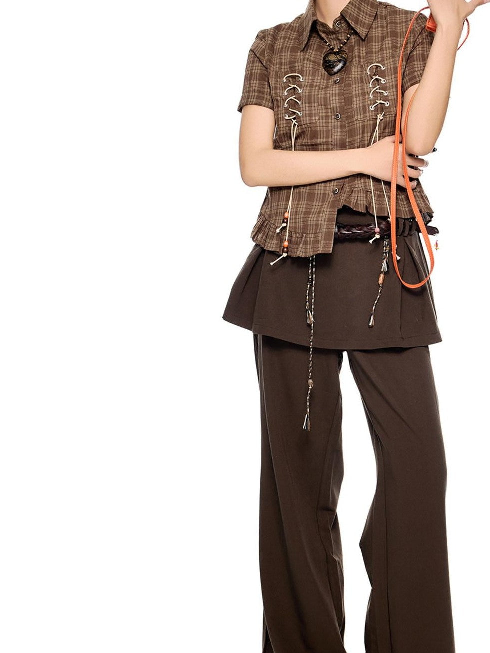 EZEK Plaid Drawstring Asymmetric Hem Buttoned Collar Women's Short Sleeve T-shirts