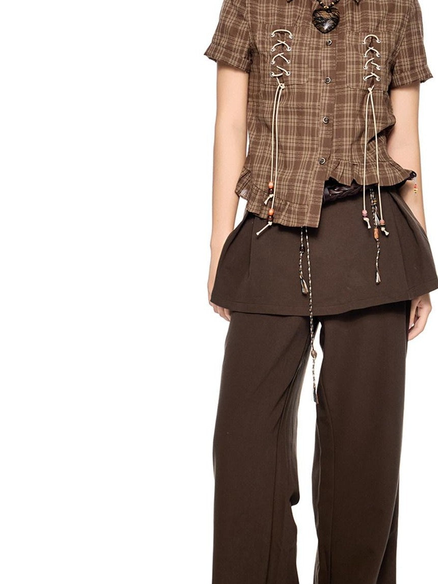 EZEK Plaid Drawstring Asymmetric Hem Buttoned Collar Women's Short Sleeve T-shirts