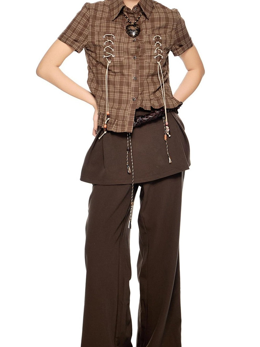 EZEK Plaid Drawstring Asymmetric Hem Buttoned Collar Women's Short Sleeve T-shirts