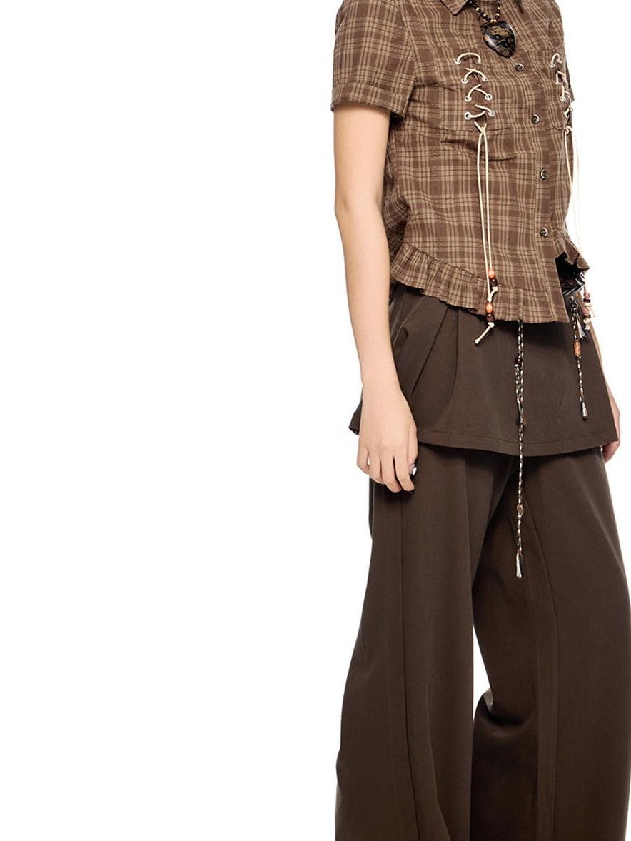 EZEK Plaid Drawstring Asymmetric Hem Buttoned Collar Women's Short Sleeve T-shirts