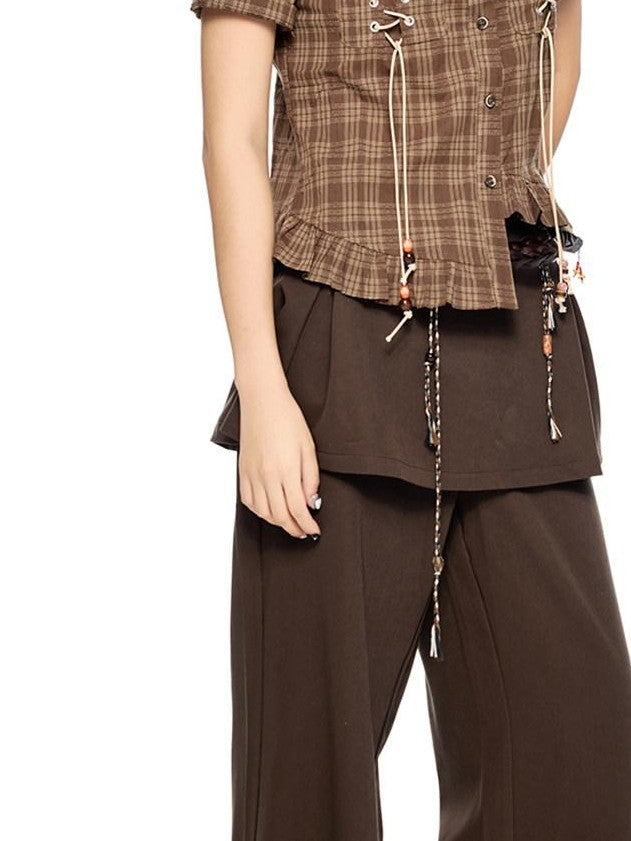 EZEK Plaid Drawstring Asymmetric Hem Buttoned Collar Women's Short Sleeve T-shirts