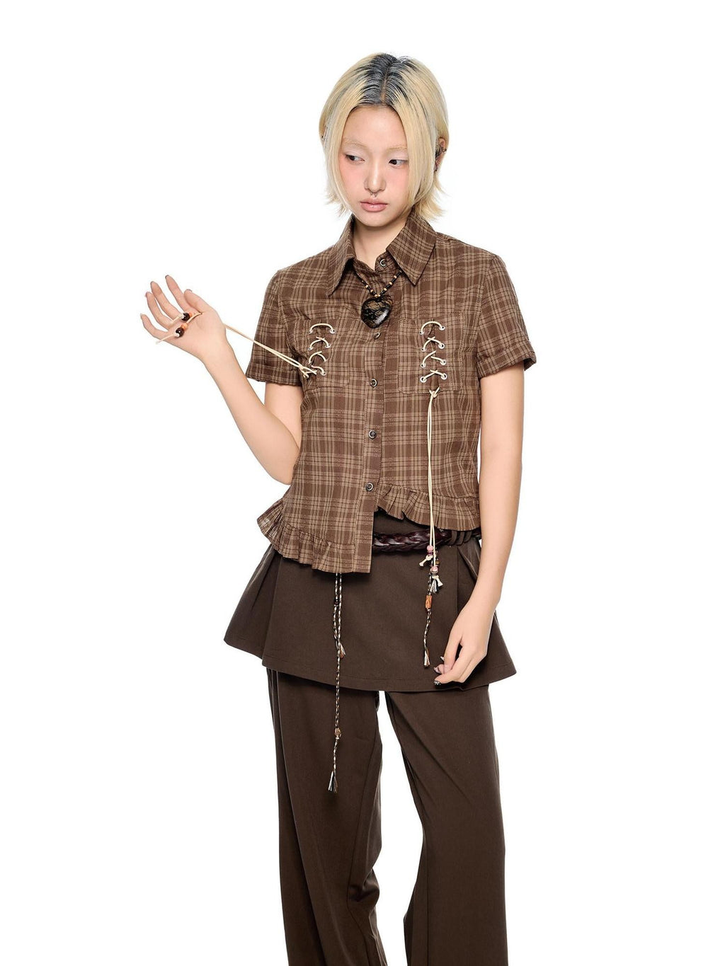 EZEK Plaid Drawstring Asymmetric Hem Buttoned Collar Women's Short Sleeve T-shirts