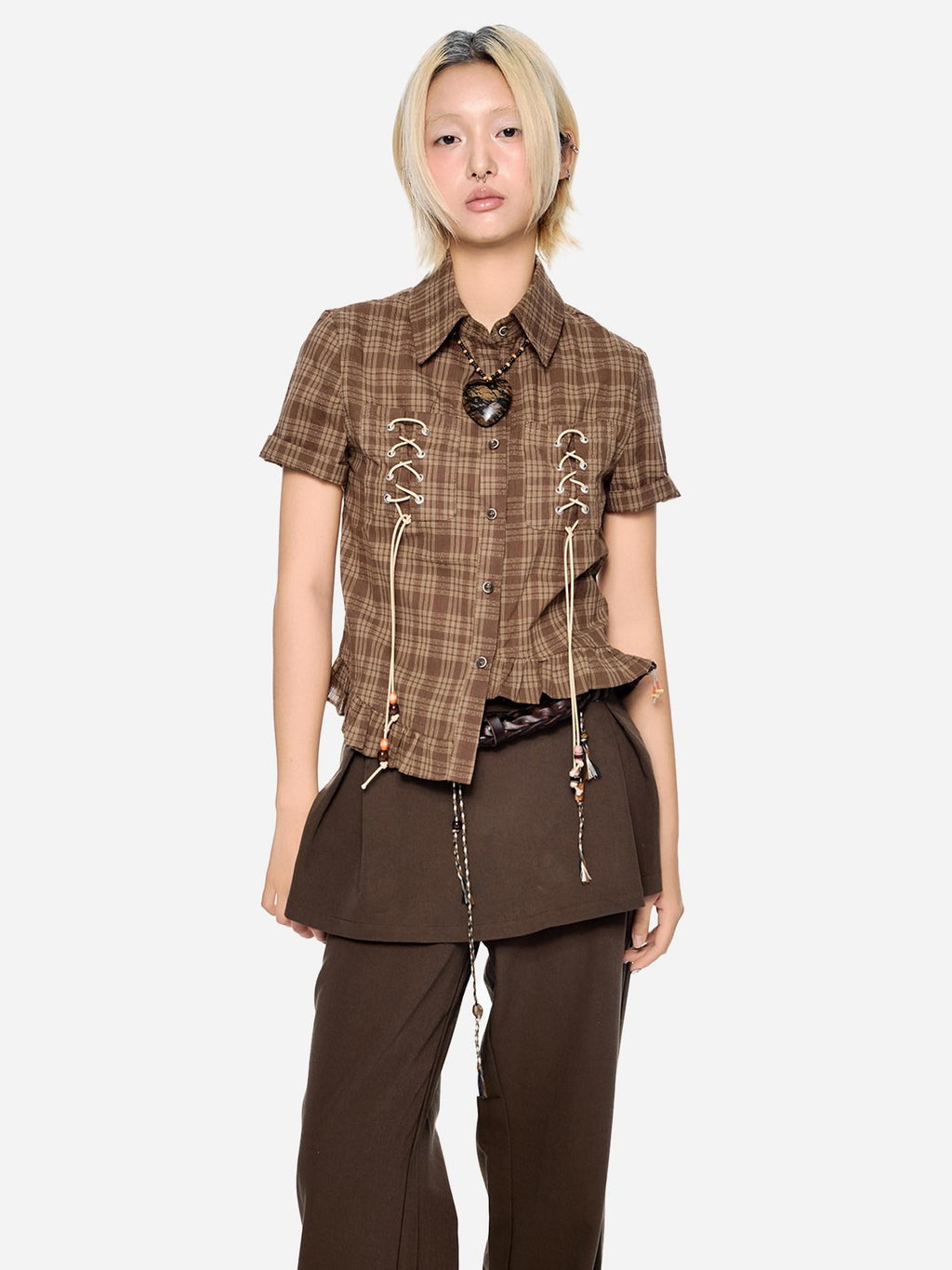 EZEK Plaid Drawstring Asymmetric Hem Buttoned Collar Women's Short Sleeve T-shirts