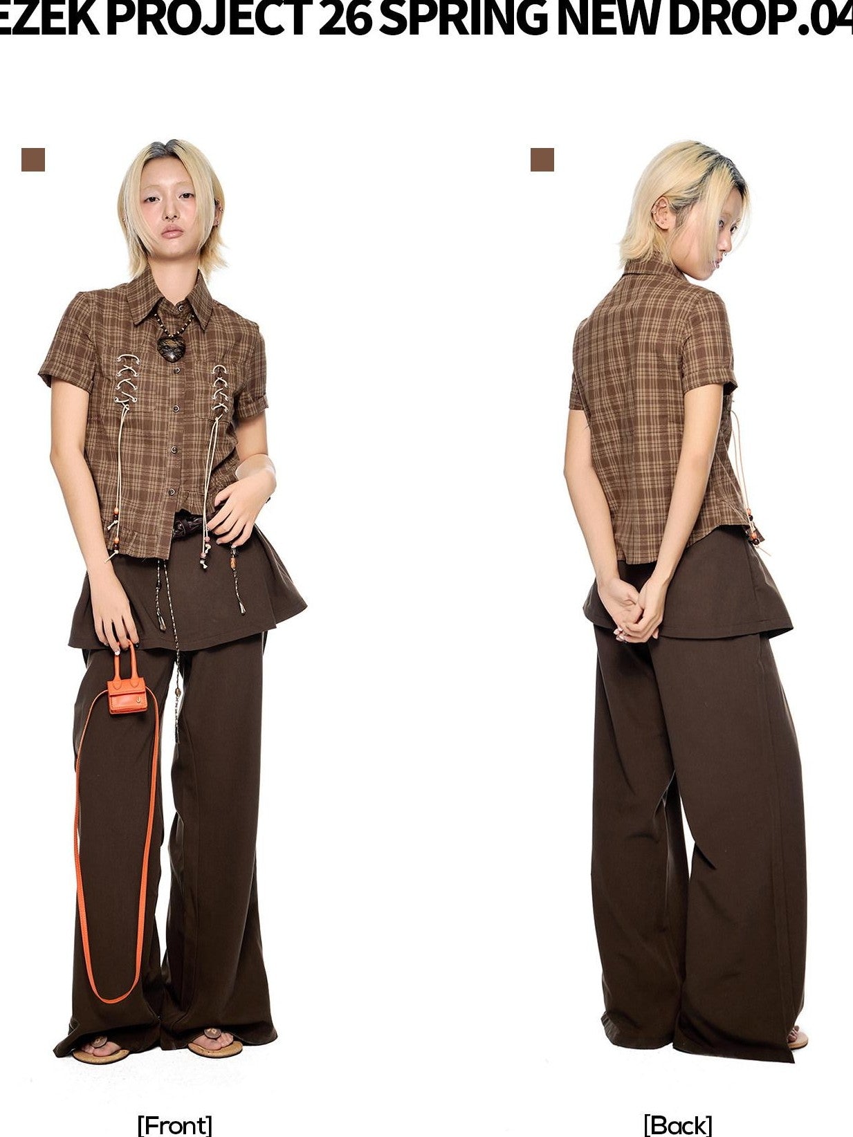 EZEK Plaid Drawstring Asymmetric Hem Buttoned Collar Women's Short Sleeve T-shirts