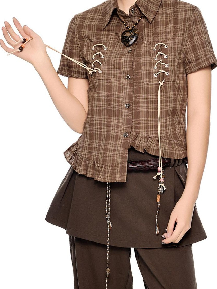 EZEK Plaid Drawstring Asymmetric Hem Buttoned Collar Women's Short Sleeve T-shirts