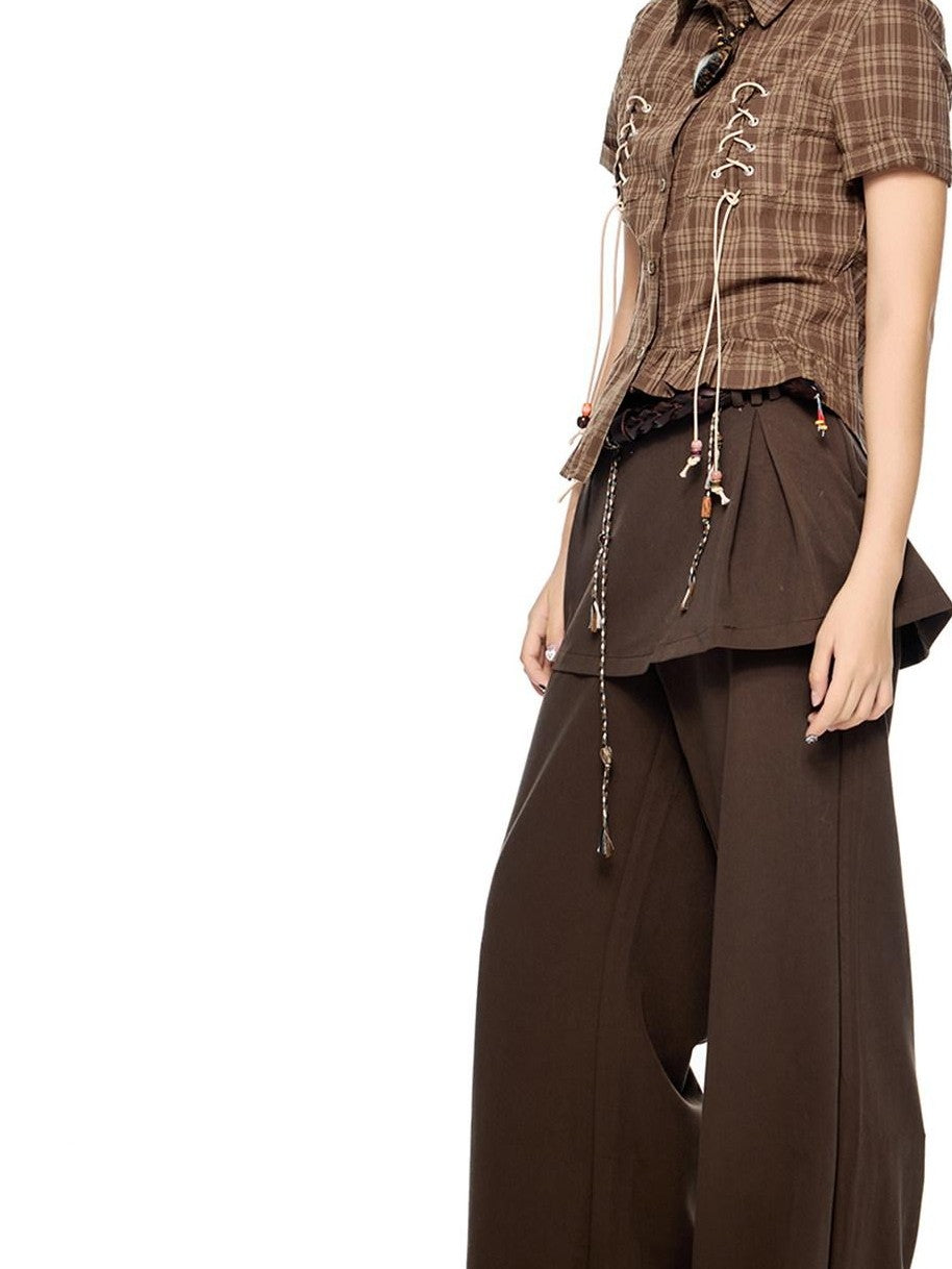 EZEK Plaid Drawstring Asymmetric Hem Buttoned Collar Women's Short Sleeve T-shirts