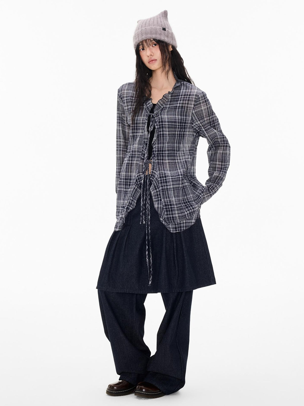 EZEK Plaid Lace Up Long Sleeve Button Cotton Women's Tunic Blouses