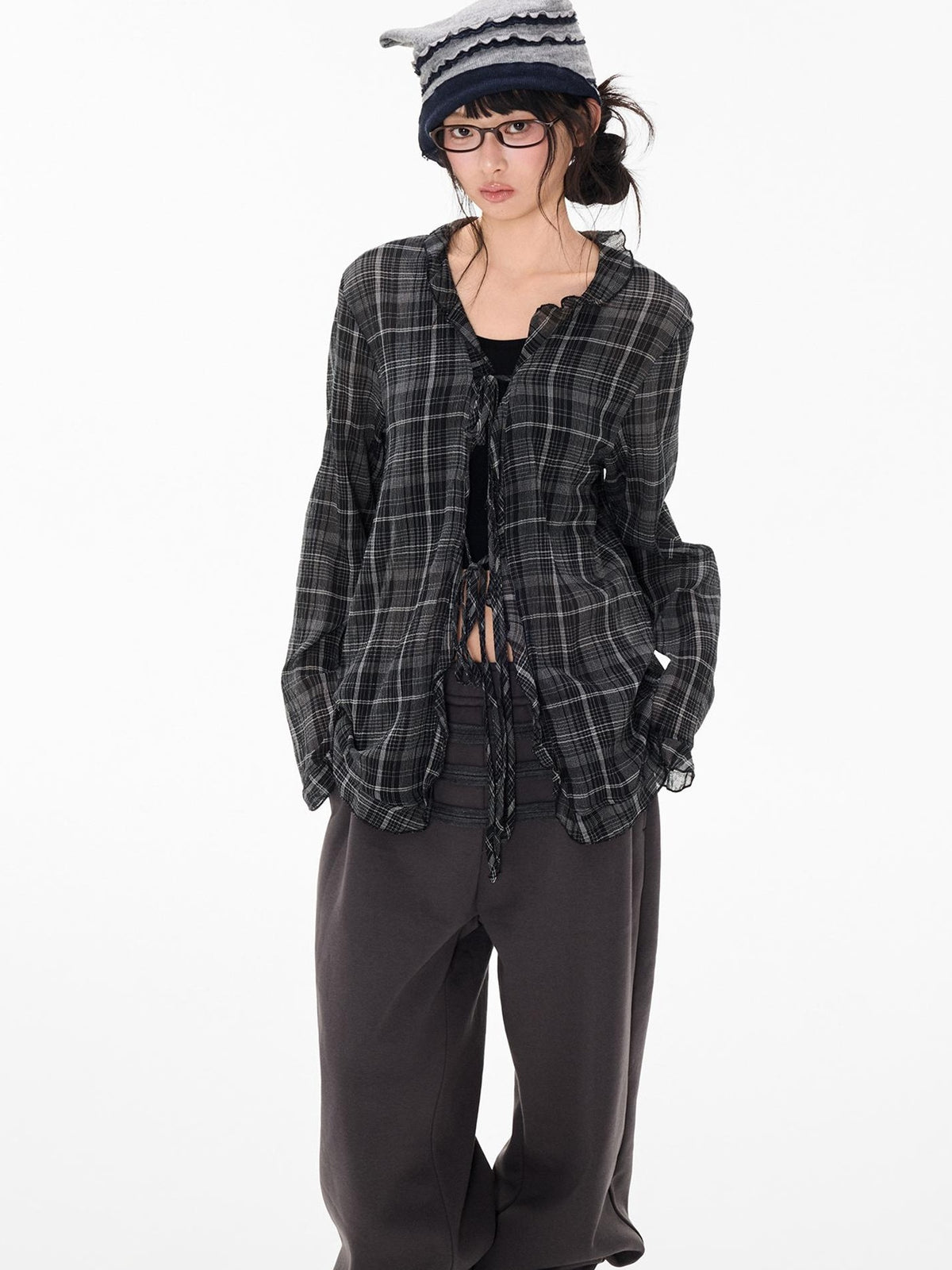 EZEK Plaid Lace Up Long Sleeve Button Cotton Women's Tunic Blouses