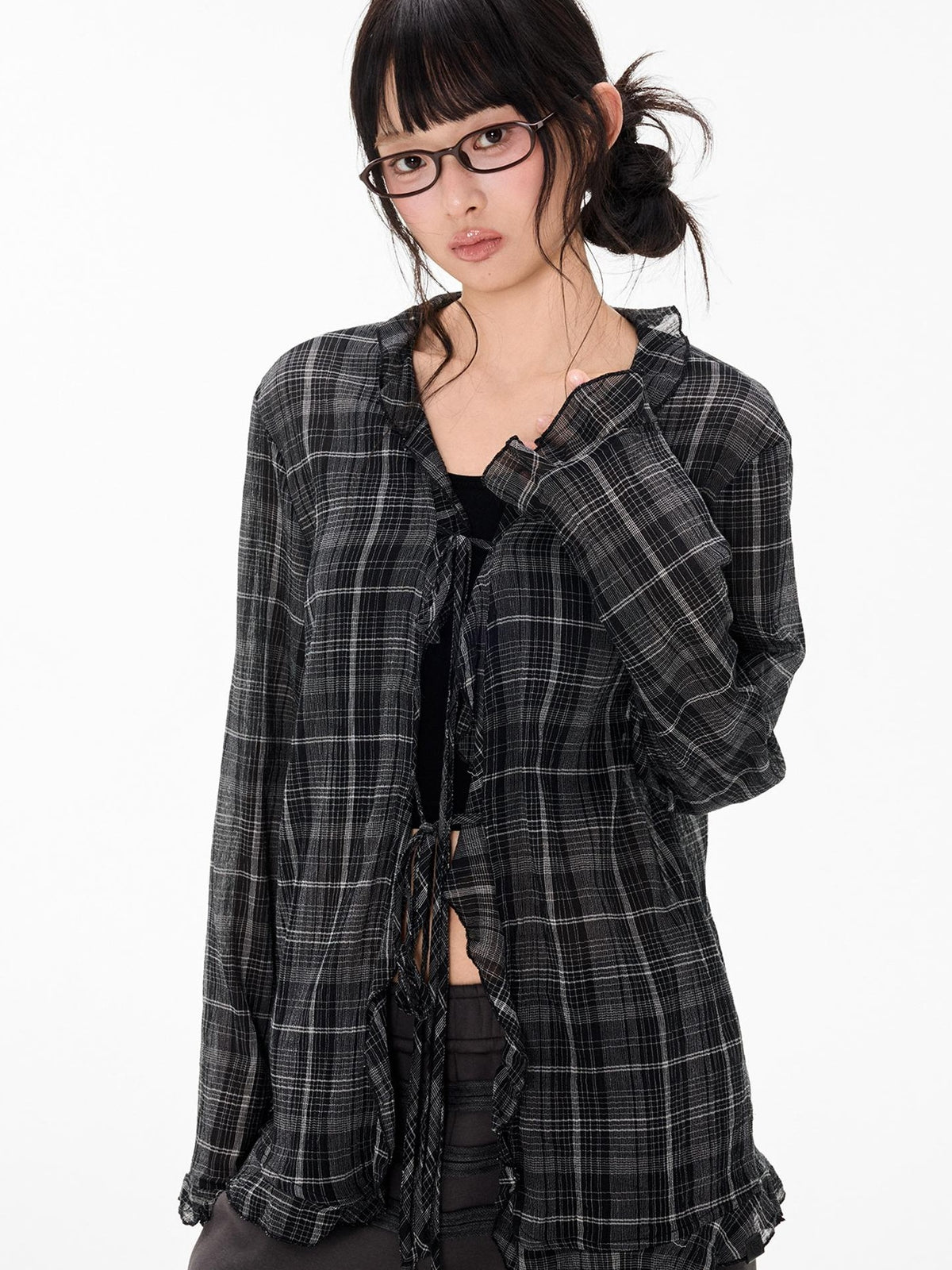 EZEK Plaid Lace Up Long Sleeve Button Cotton Women's Tunic Blouses