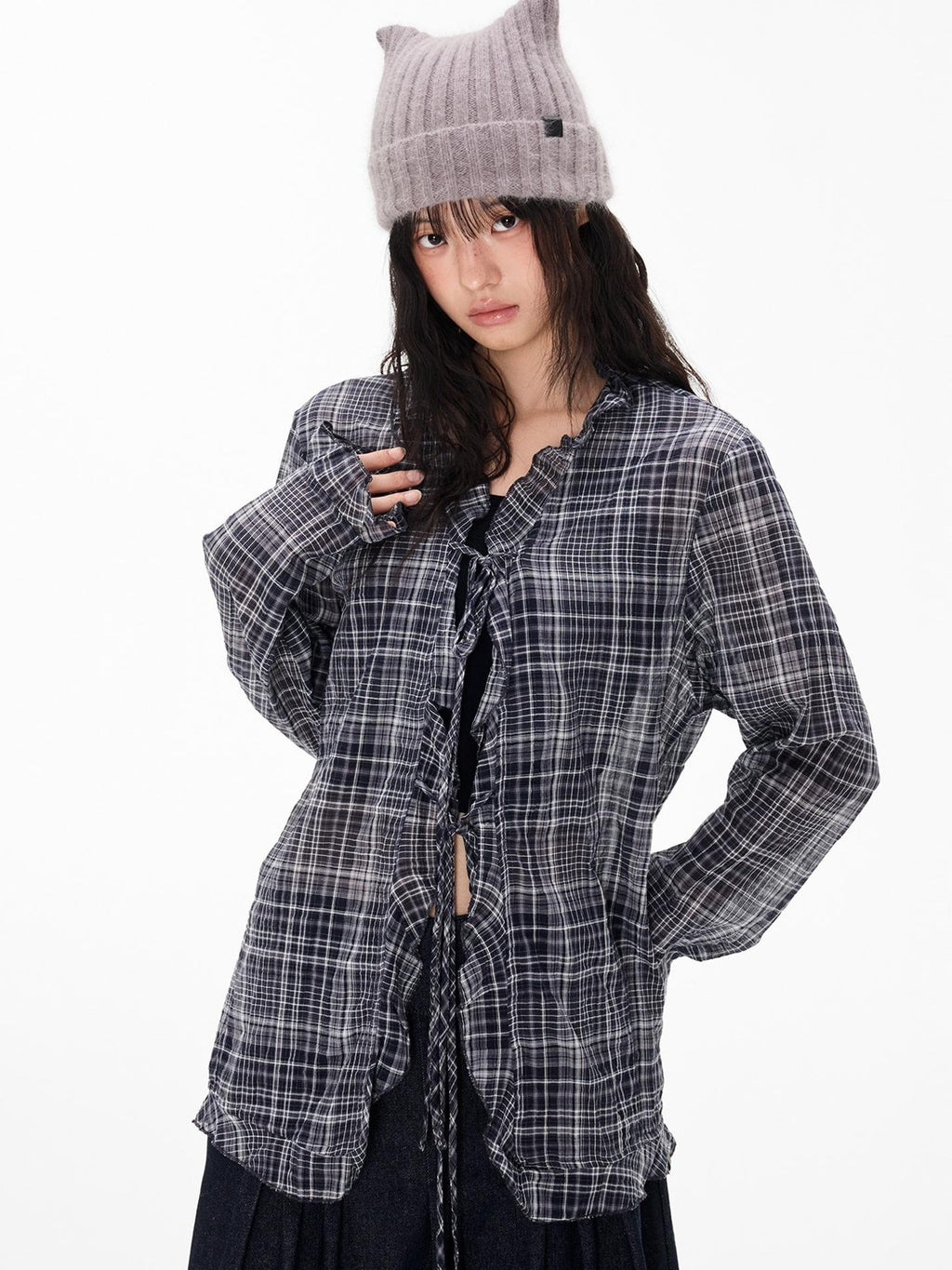 EZEK Plaid Lace Up Long Sleeve Button Cotton Women's Tunic Blouses