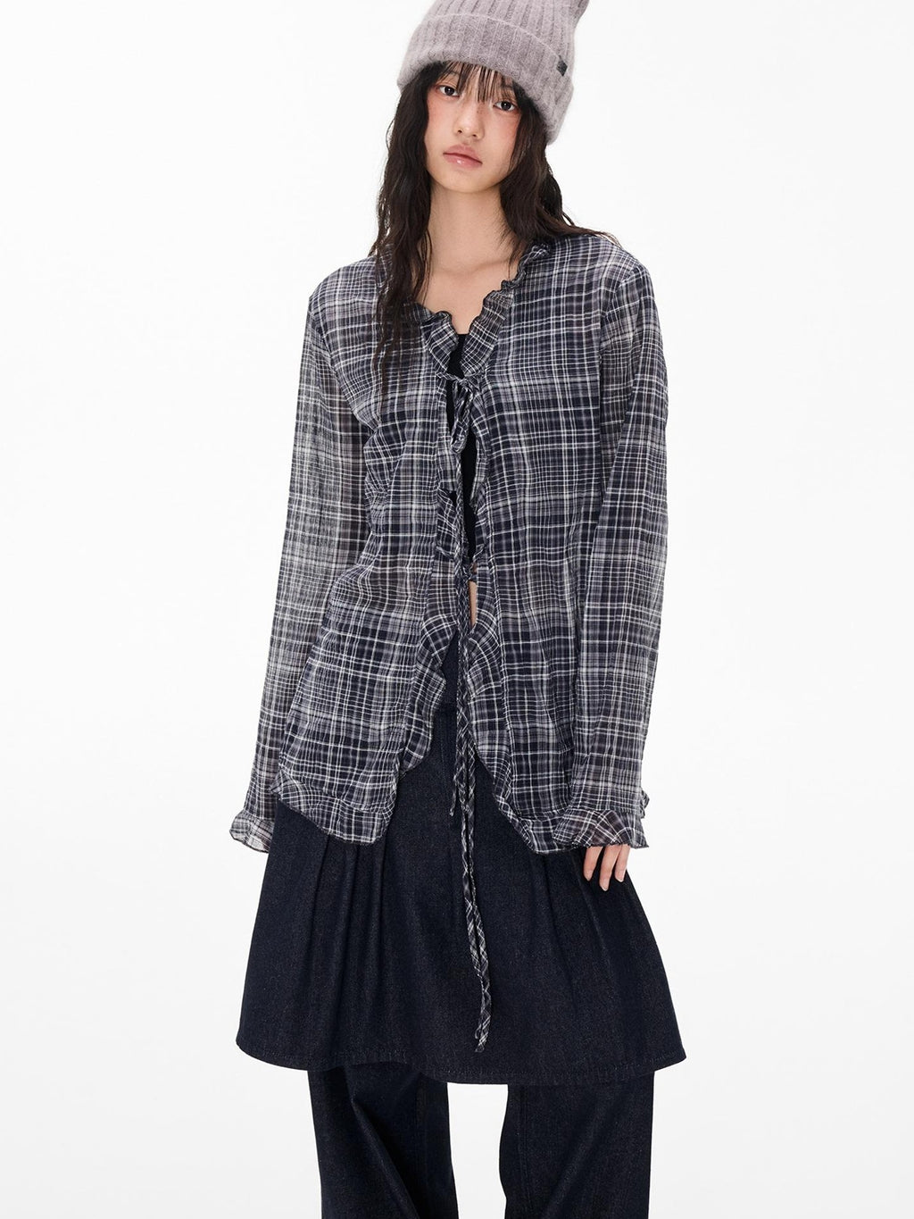 EZEK Plaid Lace Up Long Sleeve Button Cotton Women's Tunic Blouses