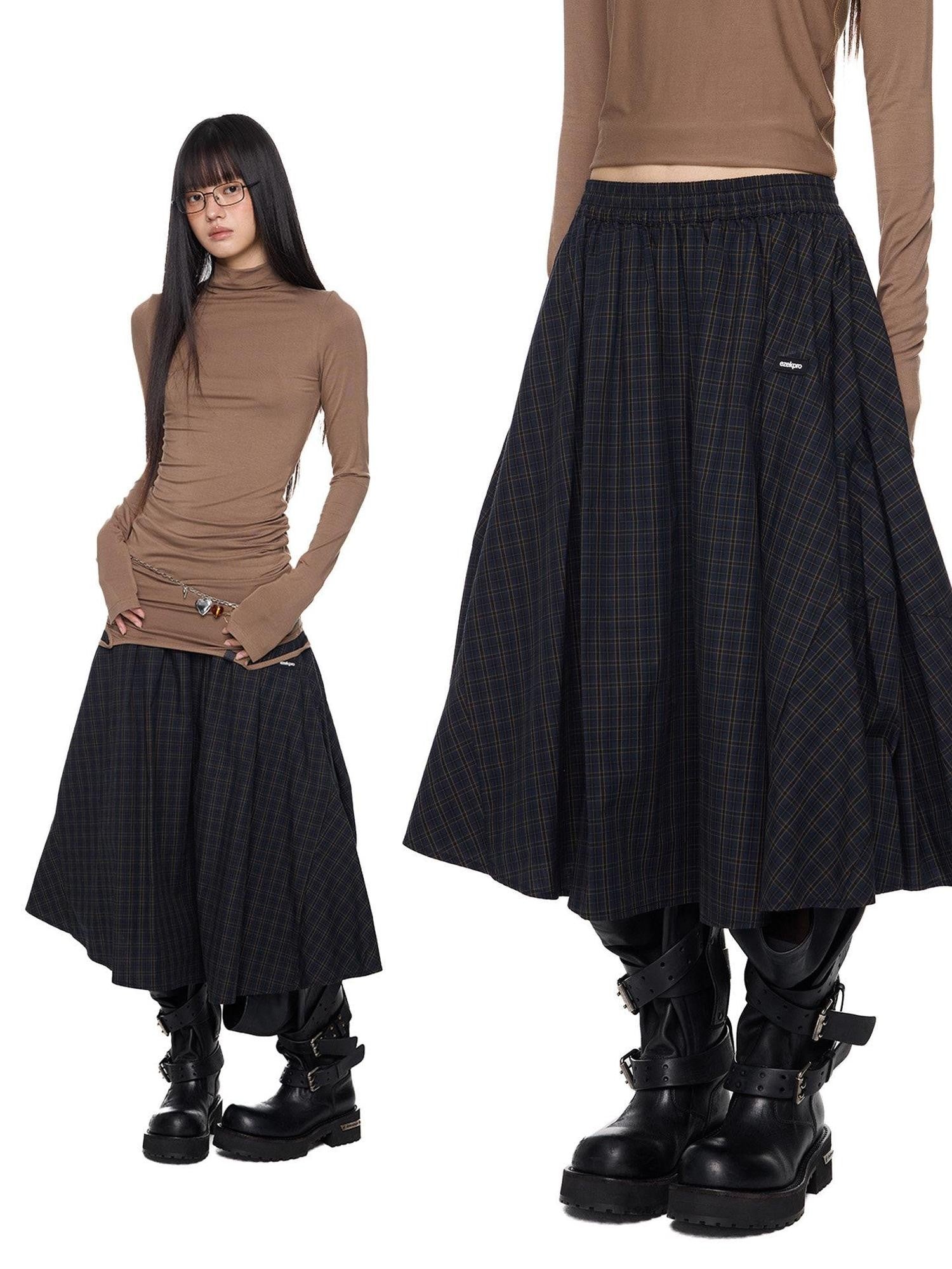 EZEK Plaid Patch Gathered Tie A Line Women's Cotton Puff Midi Skirts