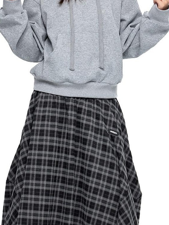 EZEK Plaid Patch Gathered Tie A Line Women's Cotton Puff Midi Skirts