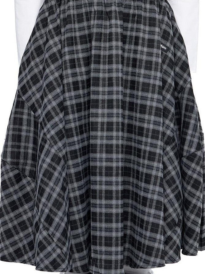 EZEK Plaid Patch Gathered Tie A Line Women's Cotton Puff Midi Skirts