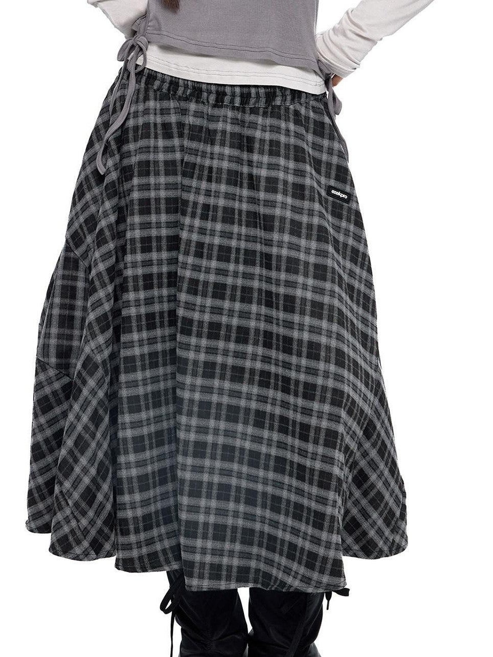 EZEK Plaid Patch Gathered Tie A Line Women's Cotton Puff Midi Skirts