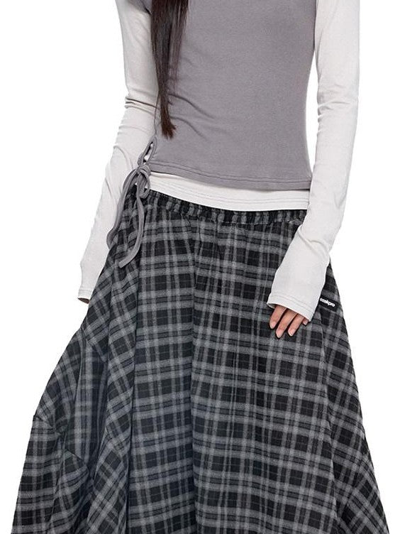 EZEK Plaid Patch Gathered Tie A Line Women's Cotton Puff Midi Skirts