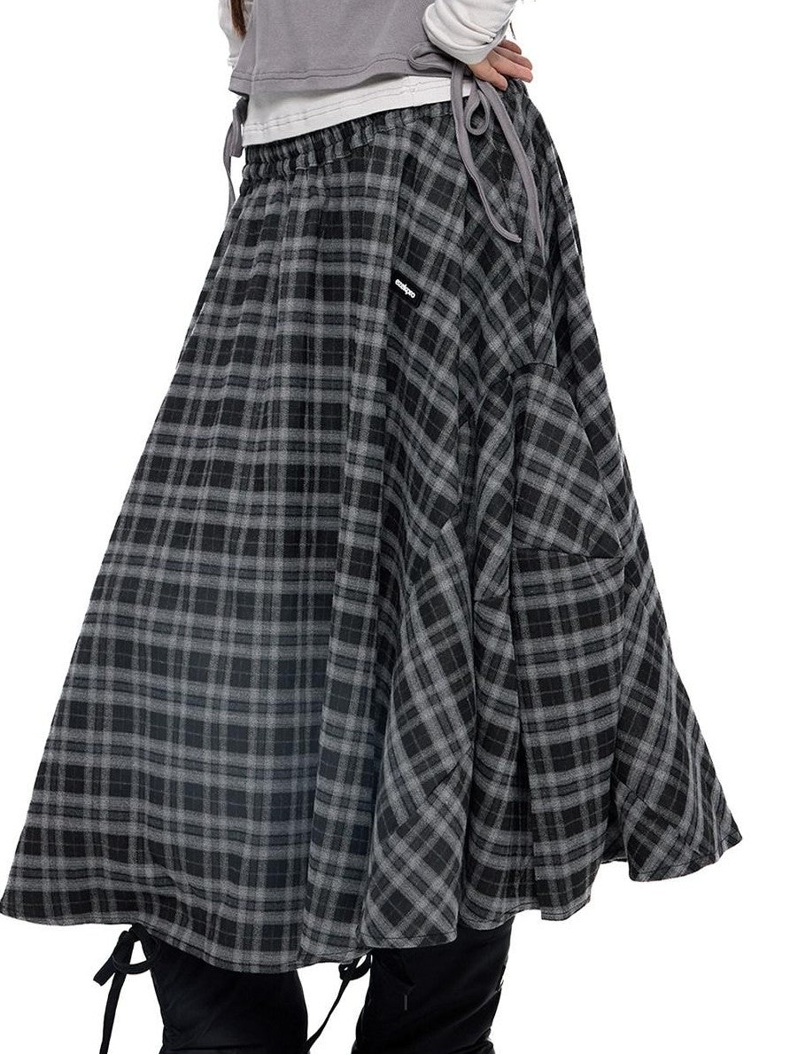 EZEK Plaid Patch Gathered Tie A Line Women's Cotton Puff Midi Skirts