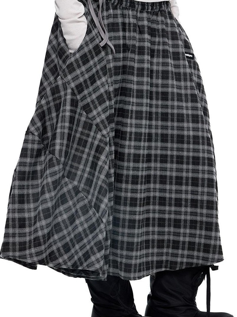 EZEK Plaid Patch Gathered Tie A Line Women's Cotton Puff Midi Skirts