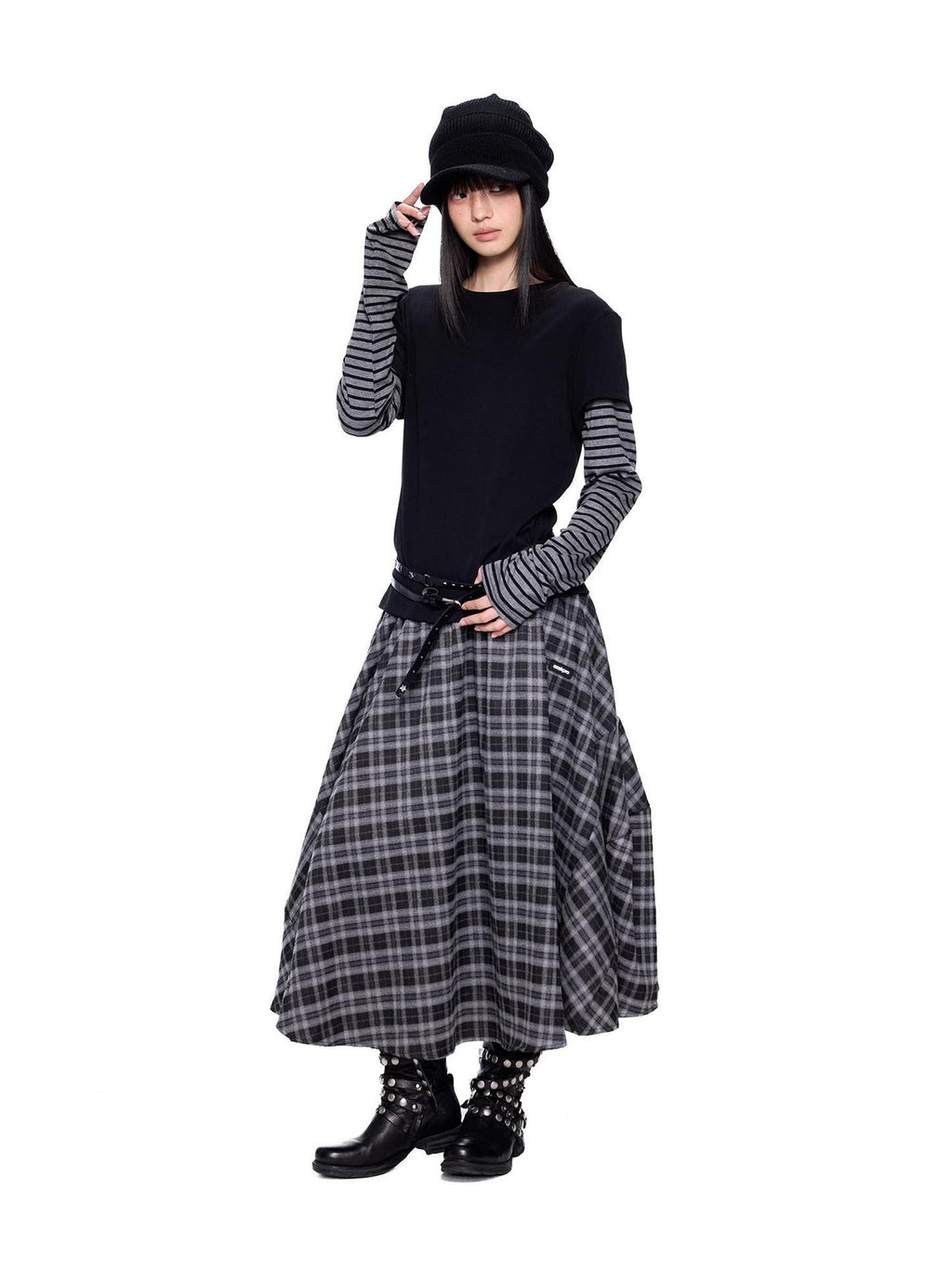 EZEK Plaid Patch Gathered Tie A Line Women's Cotton Puff Midi Skirts