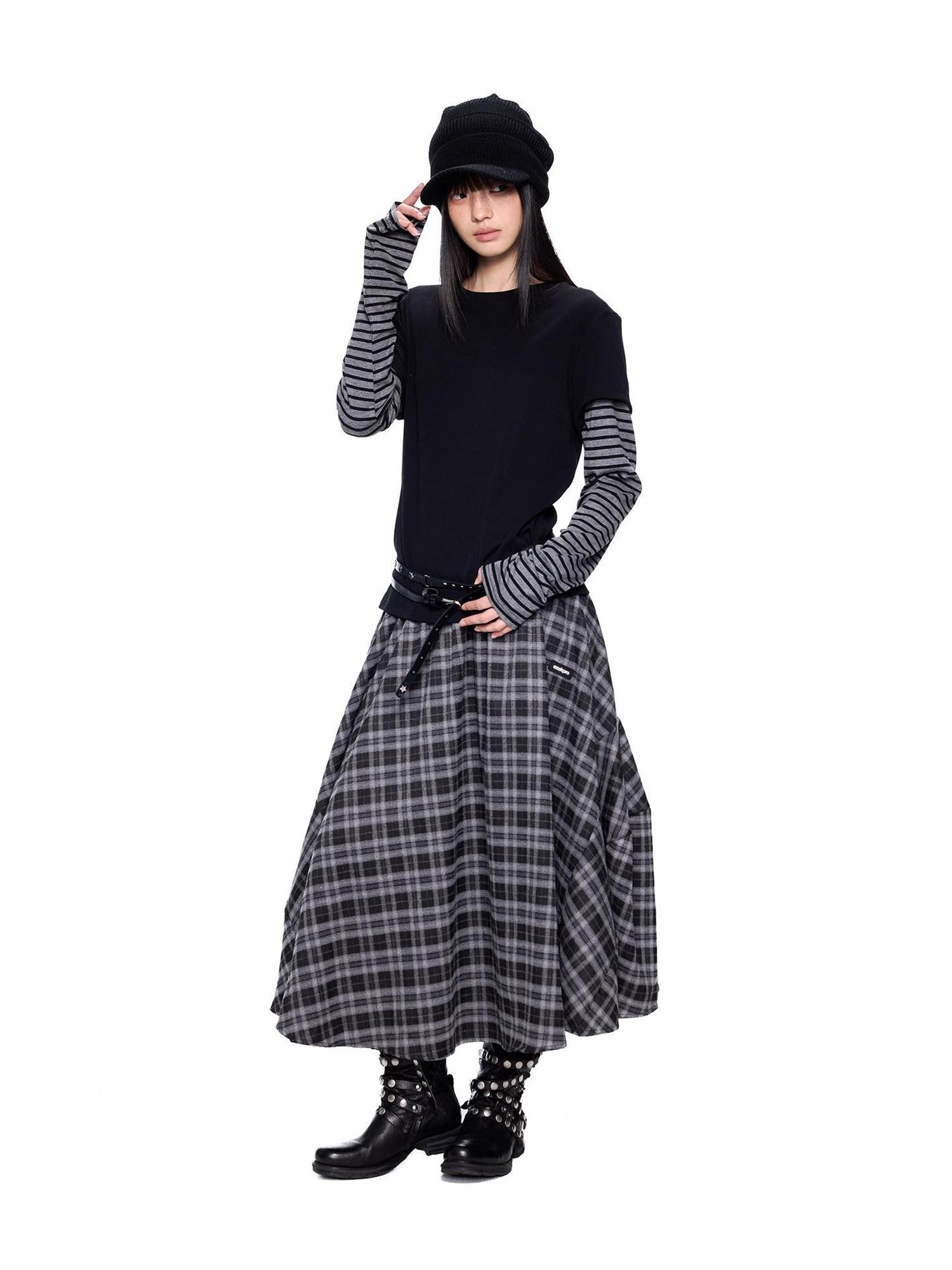 EZEK Plaid Patch Gathered Tie A Line Women's Cotton Puff Midi Skirts
