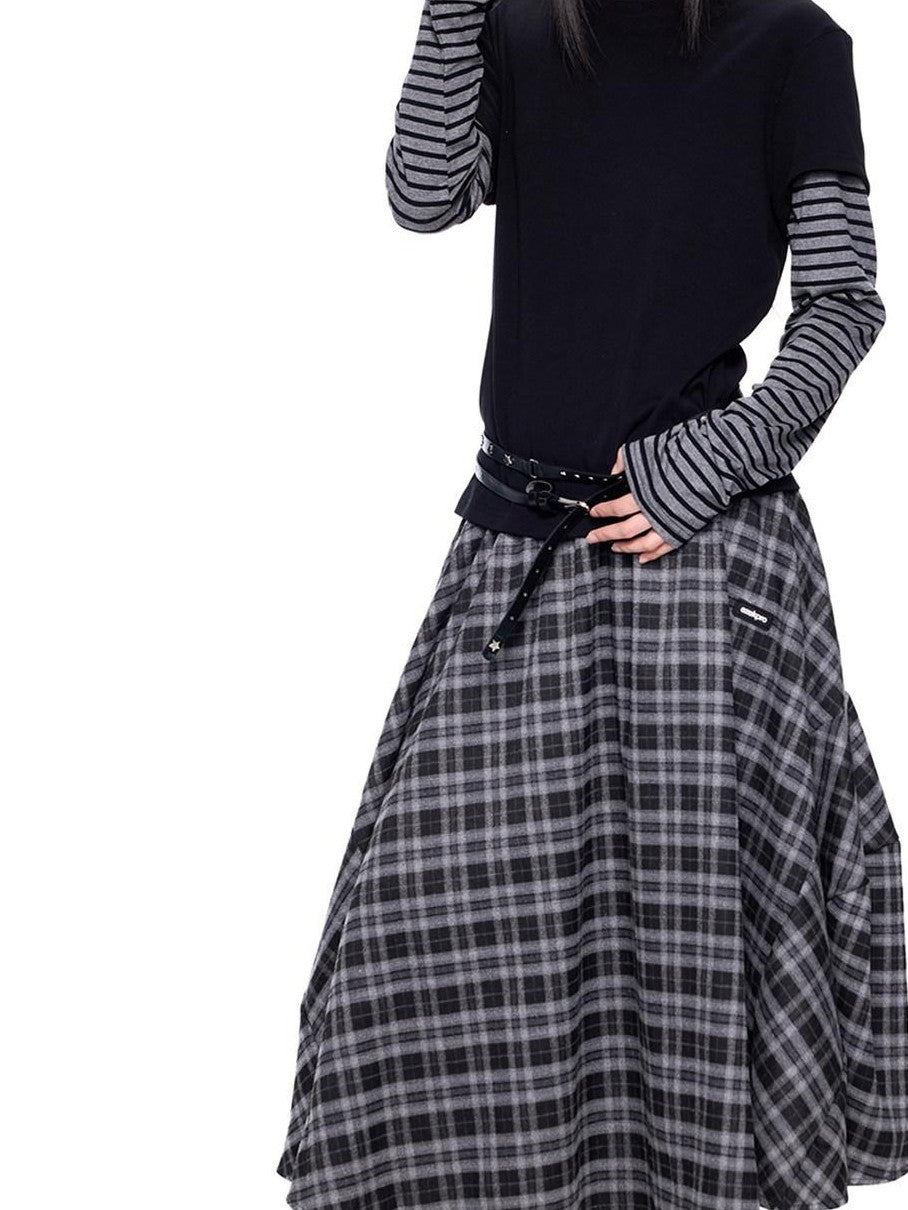 EZEK Plaid Patch Gathered Tie A Line Women's Cotton Puff Midi Skirts