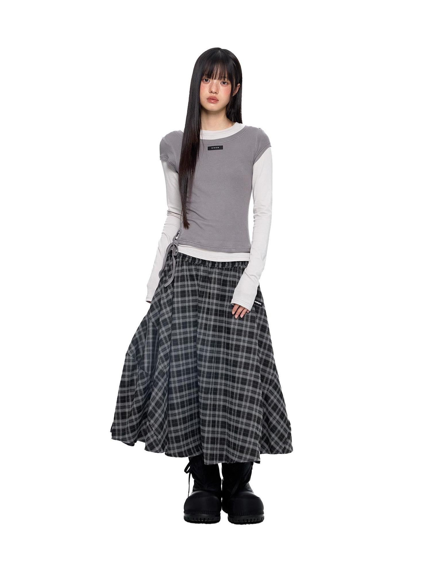 EZEK Plaid Patch Gathered Tie A Line Women's Cotton Puff Midi Skirts