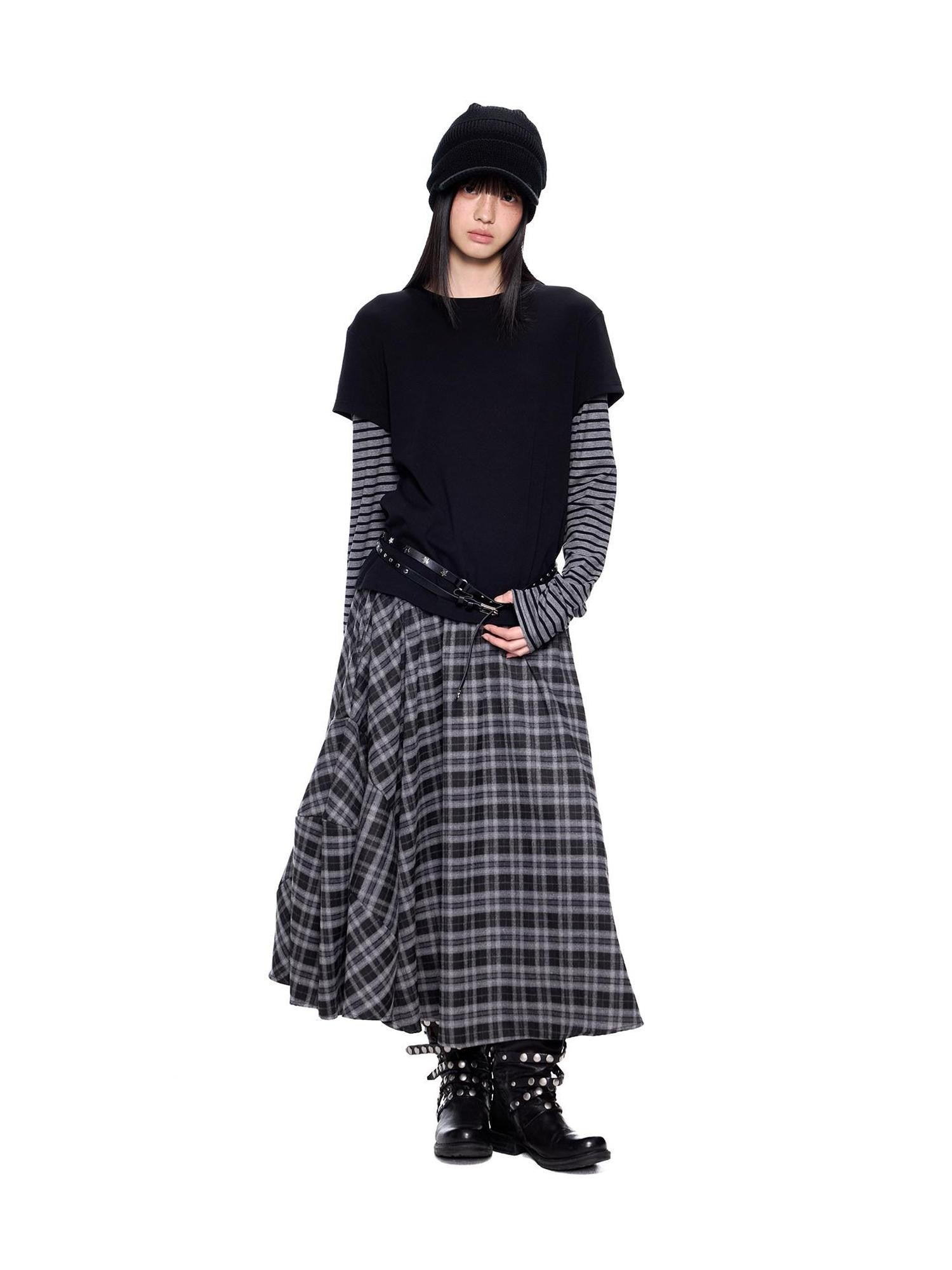 EZEK Plaid Patch Gathered Tie A Line Women's Cotton Puff Midi Skirts
