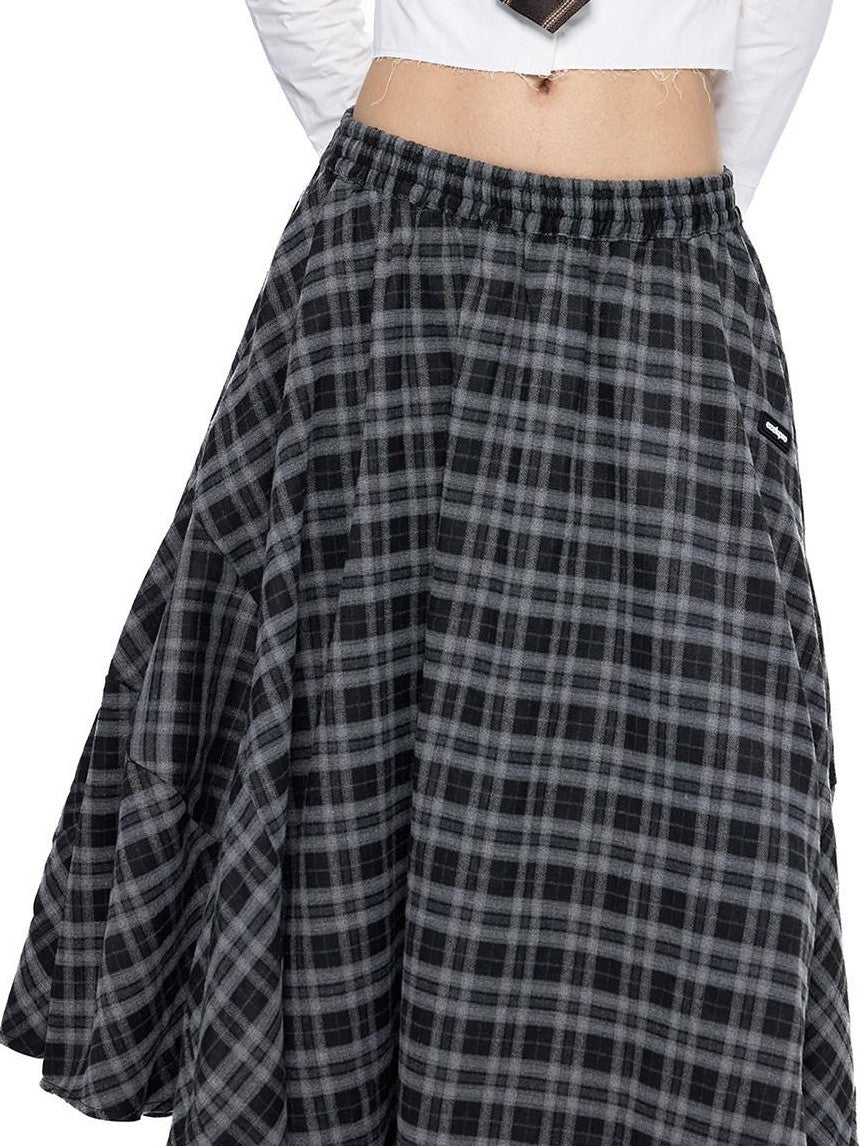 EZEK Plaid Patch Gathered Tie A Line Women's Cotton Puff Midi Skirts