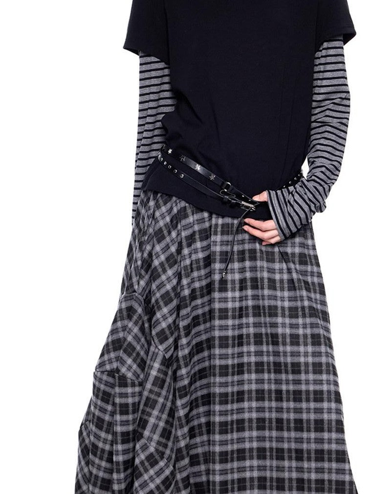 EZEK Plaid Patch Gathered Tie A Line Women's Cotton Puff Midi Skirts