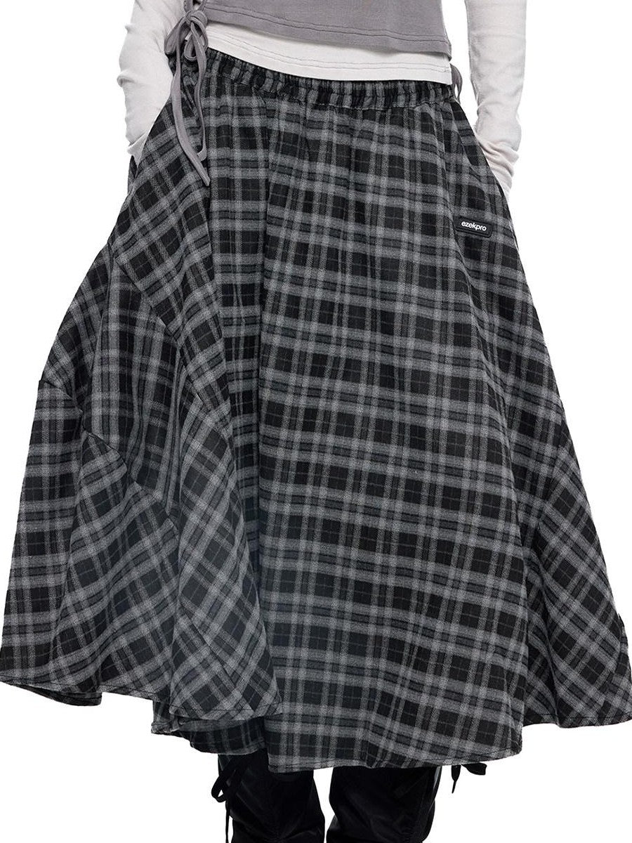EZEK Plaid Patch Gathered Tie A Line Women's Cotton Puff Midi Skirts