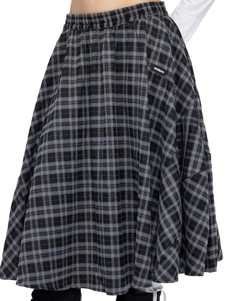 EZEK Plaid Patch Gathered Tie A Line Women's Cotton Puff Midi Skirts