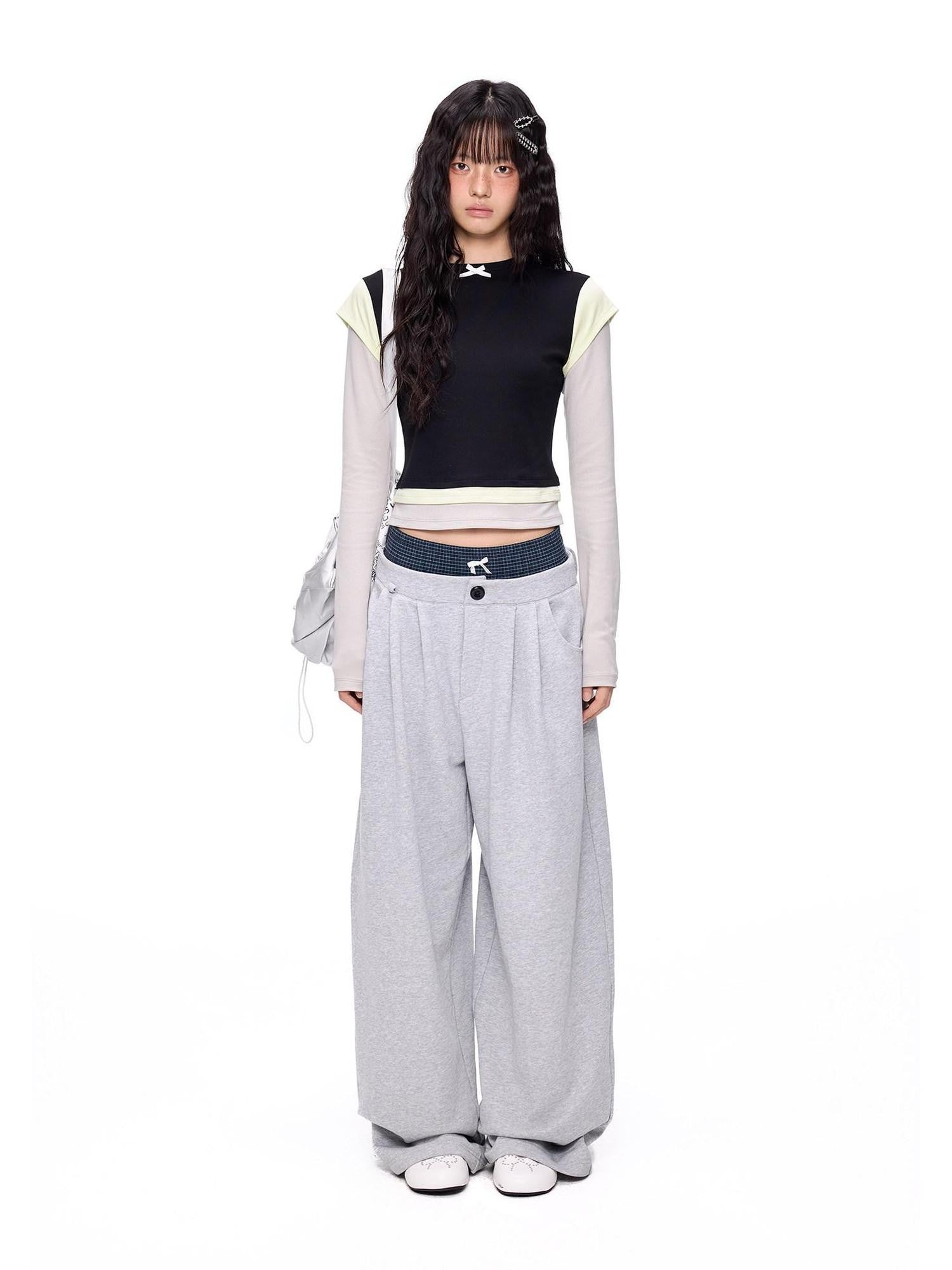 EZEK Plaid Patchwork Bow Waist Pockets Straight Leg Women's Cotton Sweatpants
