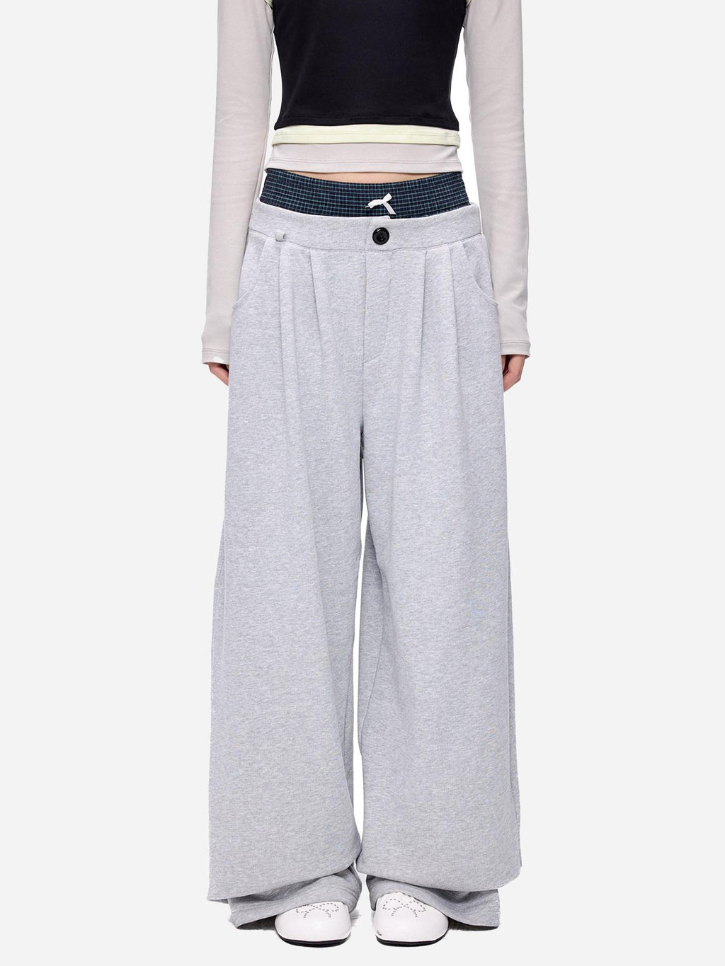 EZEK Plaid Patchwork Bow Waist Pockets Straight Leg Women's Cotton Sweatpants