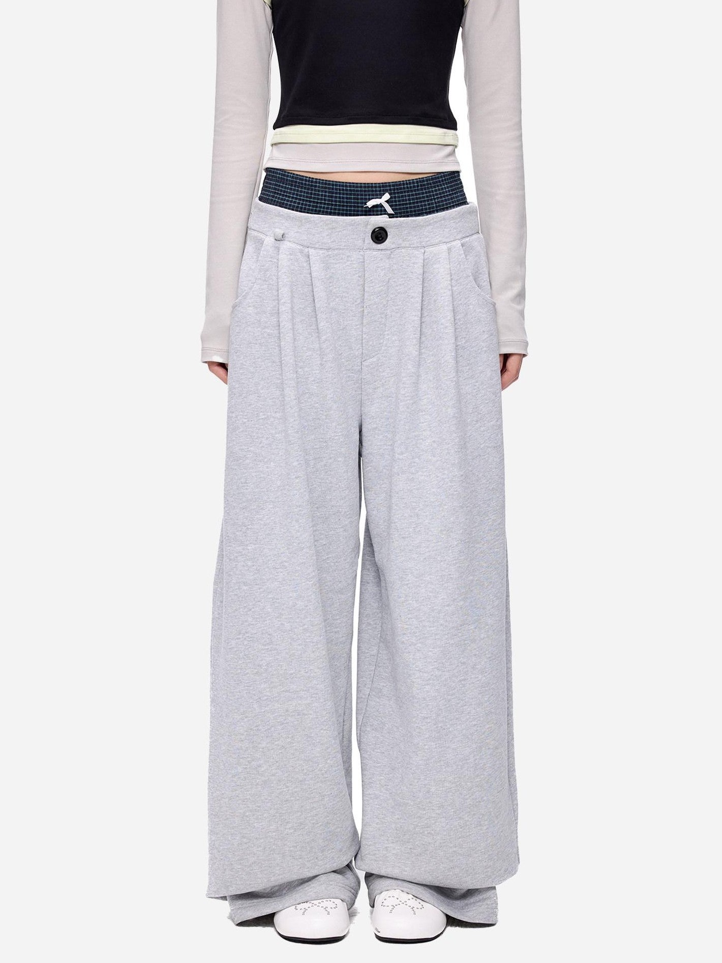 EZEK Plaid Patchwork Bow Waist Pockets Straight Leg Women's Cotton Sweatpants