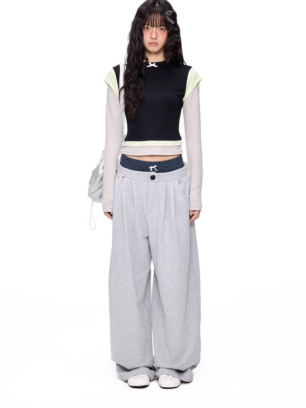 EZEK Plaid Patchwork Bow Waist Pockets Straight Leg Women's Cotton Sweatpants