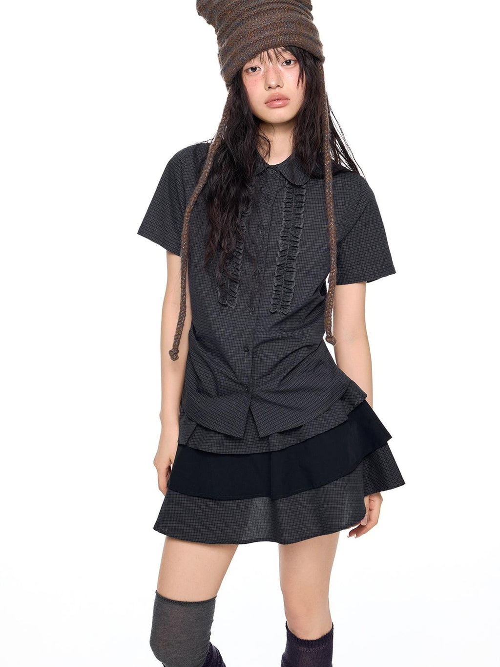 EZEK Plaid Pleated Paneled Button Front Short Sleeve Collared Shirt Women's High Waist Matching Skirt Sets